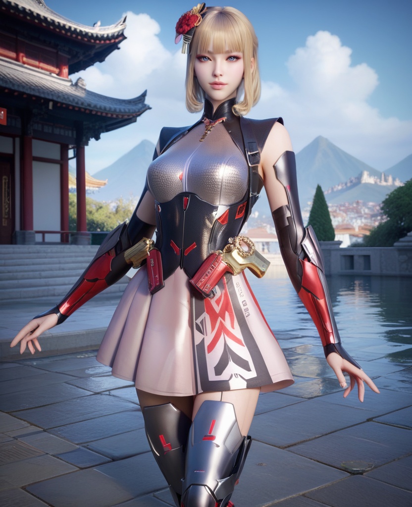(oriental architecture, elegant decor, sophisticated style:1.1),(looking over her shoulder:1.1),(breasts:1.2),<lora:XL穿越火线岚希儿灵魂舞者:0.95>,miss lanxier,chrome-fit battle top,neon pink skirt,blue eyes,blunt bangs,blonde hair,hair flower,black pauldrons,arm guards,armored high-heeled greaves,holstered,, score_9,score_8_up,score_7_up,score_6_up,score_5_up,score_4_up,3d rendering,tag1,tag2, Cinematic Lighting,backlighting,, zPDXL3, zPDXL2,zPDXL, zPDXLxxx, zPDXLrl,