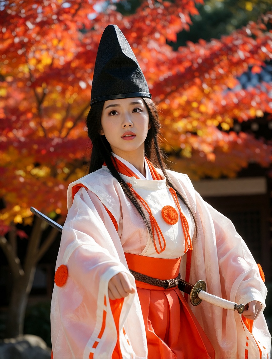 shirabyoshi,  Single woman,  red autumn foliage on Tensor.Art