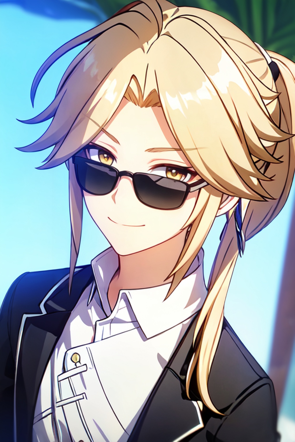 masterpiece,best quality,colorful,high contrast,<lora:yanqing:0.8>,yanqing,1boy,solo,male focus,looking at viewer,,sunlight,(smile:0.8),perfect face,closed mouth,black jacket,white shirt,black suit,ponytail,parted bangs,sunglasses on head,blonde hair,yellow eyes,