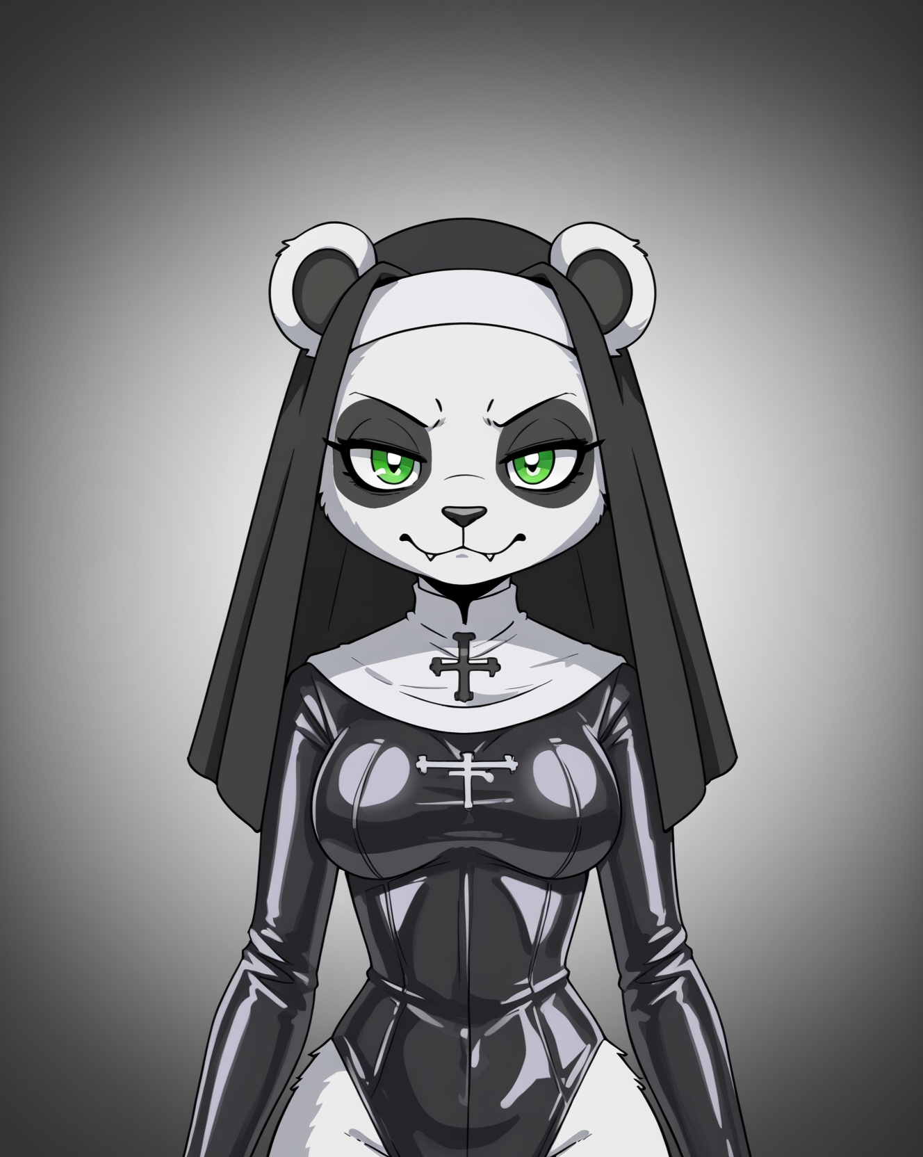 rebnun,gothic panda is a tall space nun in sleek latex pressure suit, imaginitive sci-fi anime anthro portrait <lora:nun-000008:1>