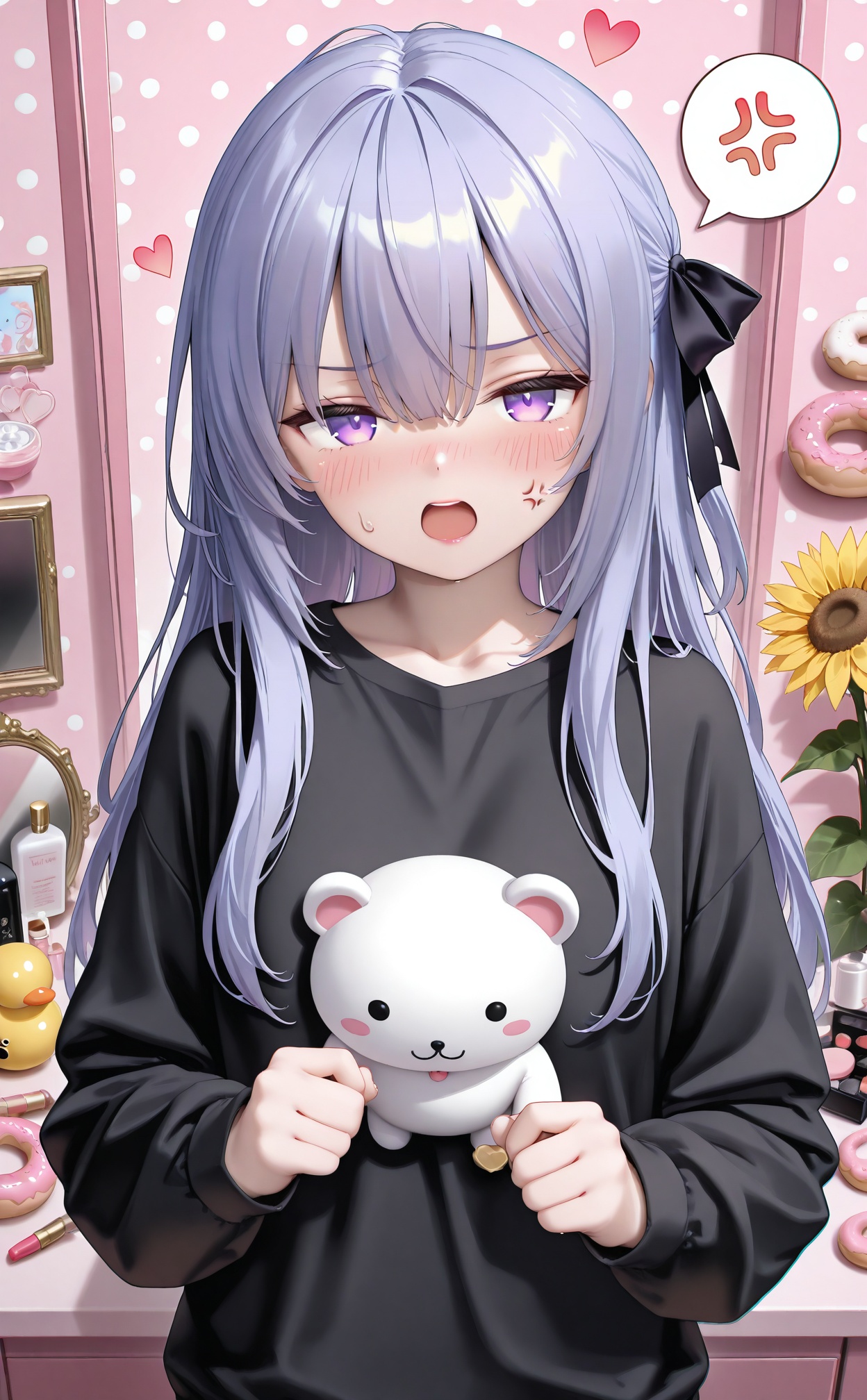 masterpiece,absurdres,best quality,high quality,chromatic_aberration,//,1girl,long hair,spoken anger vein,flower,doughnut,looking at viewer,rubber duck,food,purple hair,solo,purple eyes,long sleeves,anger vein,blush,mirror,shirt,cosmetics,pink background,heart,polka dot background,hair between eyes,upper body,black shirt,stuffed toy,sunflower,bottle,stuffed animal,lipstick tube,ribbon,open mouth,jewelry,clenched hands,//,<lora:228zjlt——【CKXL】hans:0.8>,