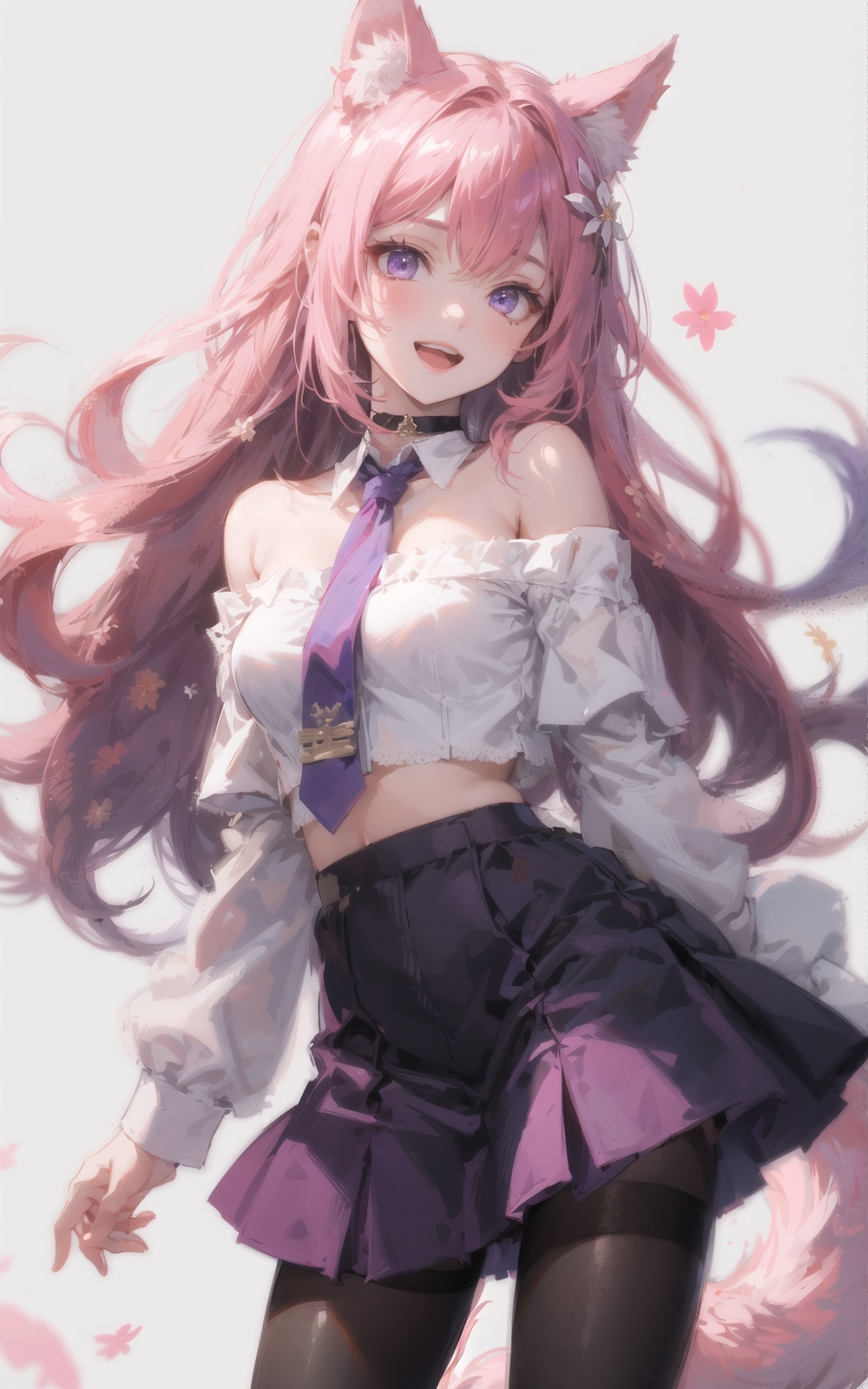 animal_ears, 1girl, long_hair, pink_hair, pantyhose, solo, hair_ornament, tail, smile, shirt, open_mouth, breasts, looking_at_viewer, off_shoulder, skirt, crop_top, fox_tail, choker, necktie, long_sleeves, white_shirt, bare_shoulders, purple_eyes, flower, very_long_hair