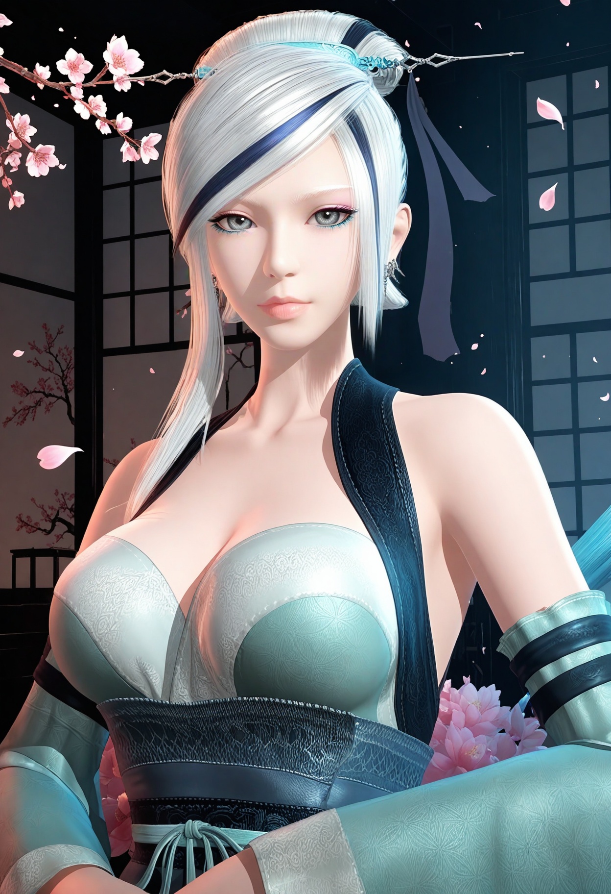 (looking at viewer:1.1),upper body,(Dark room:1.3),(moody lighting:1.1),peach blossom,falling petals,(large breasts:0.8),xiaomeng,1girl,solo,white hair,hair ornament,bare shoulders,grey eyes,lips,single hair bun,dress,earrings,cleavage,jewelry,detached sleeves,streaked hair,hair stick,makeup,wide sleeves,high_heels BREAK masterpiece,(best quality),(intricate details:0.9),(realistic skin:1.2),<lora:QQSillxiaomengV1:0.8>,