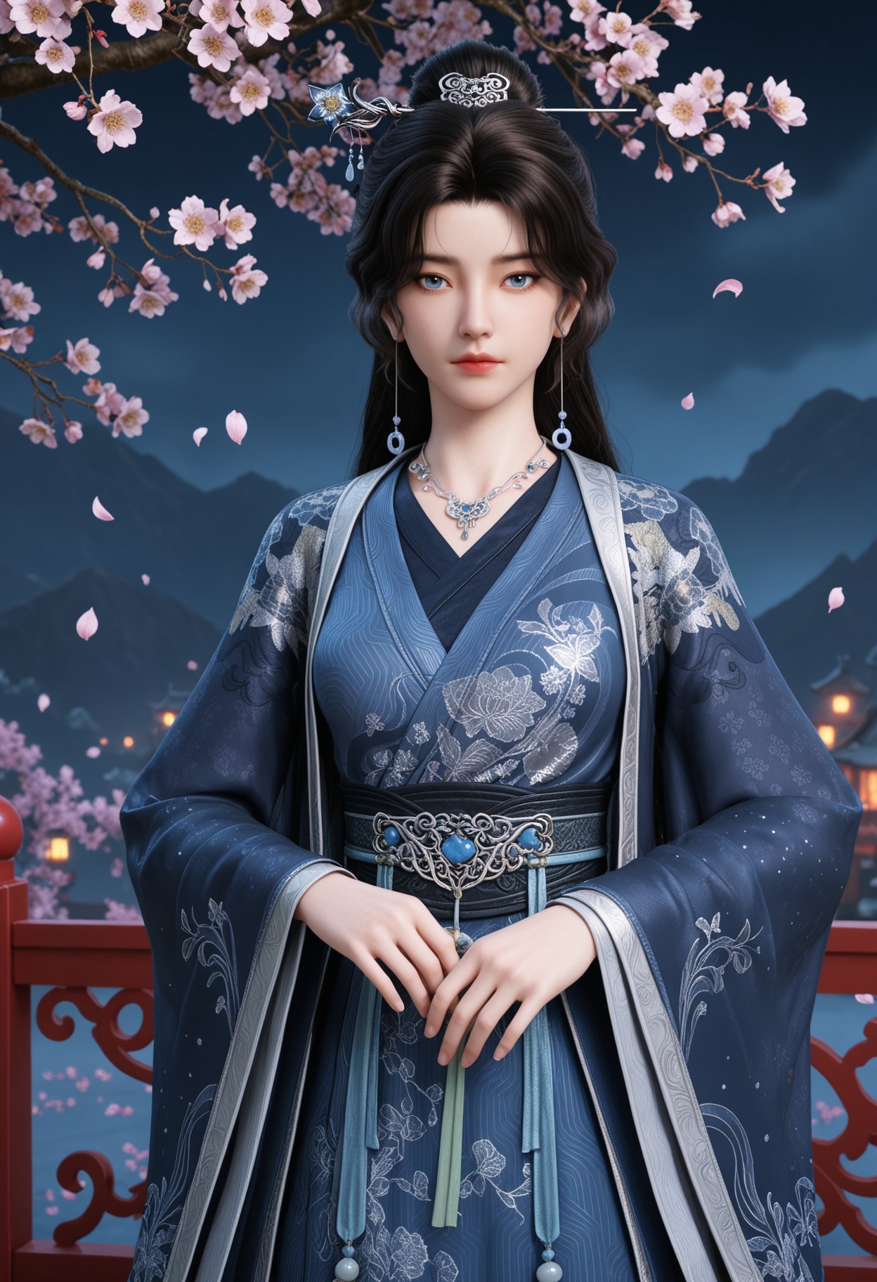 (cowboy shot:1.2),(looking at viewer:1.1),masterpiece,(best quality),smog,Dark room,dim lighting,peach blossom,falling petals,<lora:YQ_Illustrious光辉v5_宋馀_长春宫长老_V1:0.8>,q1528437228,1girl,solo,long hair,black hair,jewelry,necklace,earrings,hair ornament,chinese clothes,hair bun,hair stick,long sleeves,hanfu,blue eyes,wide sleeves,sash,dress,single hair bun,brown hair,blue dress,