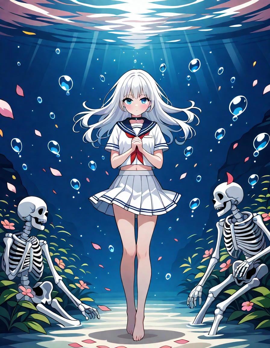 1girl, barefoot, skirt, solo, long hair, pleated skirt, skeleton, white hair, navel, white skirt, white shirt, blue eyes, school uniform, shirt, full body, sailor collar, short sleeves, serafuku, water, looking at viewer, flower, own hands together, petals, bubble, midriff, underwater, closed mouth, choker