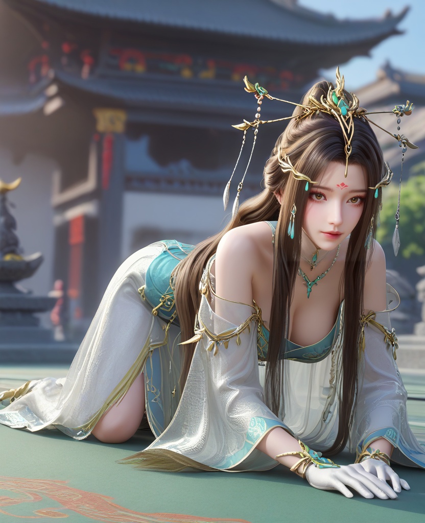(oriental architecture, elegant decor, sophisticated style:1.1),(all fours, elbows resting on the ground,:1.1),(Medium long shot:1.1),(large breasts:1.2),<lora:XL16云深不知梦云望舒少宗主服:0.95>,miss yunwangshu,white gown with tulle skirt,shawl,brown eyes,forehead mark,very long hair,traditional chinese updo with long front strands,hair ornament,jewelry,blue bandeau,white gloves,, score_9,score_8_up,score_7_up,score_6_up,score_5_up,score_4_up,3d rendering,tag1,tag2, Cinematic Lighting,backlighting,