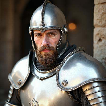 RAW photo,  a candid full body hero shot from the front of a male 30 year old warrior wearing a shiny knight armor with a...