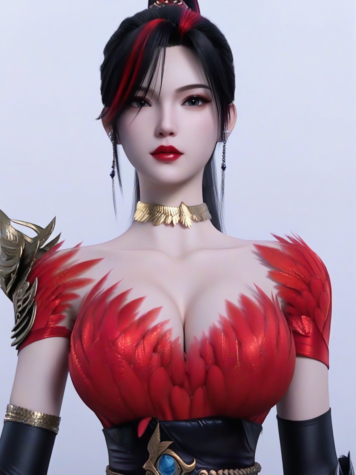 score_9,1girl,solo,breasts,large breasts,lipstick,black hair,red dress,choker,two-tone hair,eyelashes,feathers,ponytail,earrings,belt,looking at viewer,white background,simple background,<lora:SF_ZhaoXiangEr_Pony_Realism2.3-000004:0.7>,