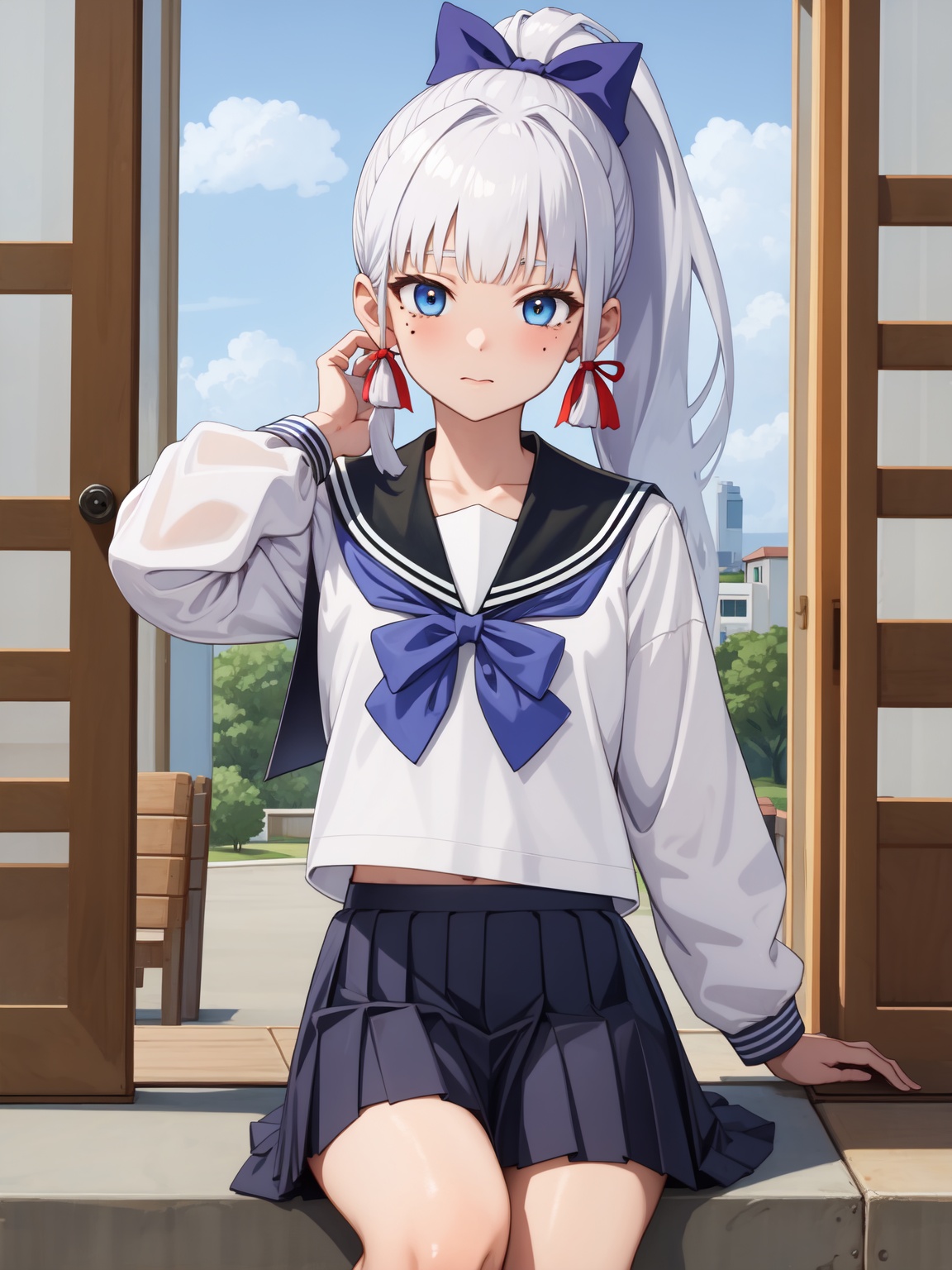 <lora:神里喜茶-000011:1:lbw=role>,kamisato ayaka \(heytea\),kamisato ayaka,school uniform,long hair,ponytail,bangs,serafuku,blue eyes,sailor collar,ribbon,shirt,white shirt,hair ribbon,skirt,long sleeves,blunt bangs,pleated skirt,blue skirt,bow,hair bow,mole,white hair,, 1girl,,  (masterpiece,best quality:1.2),absurdres