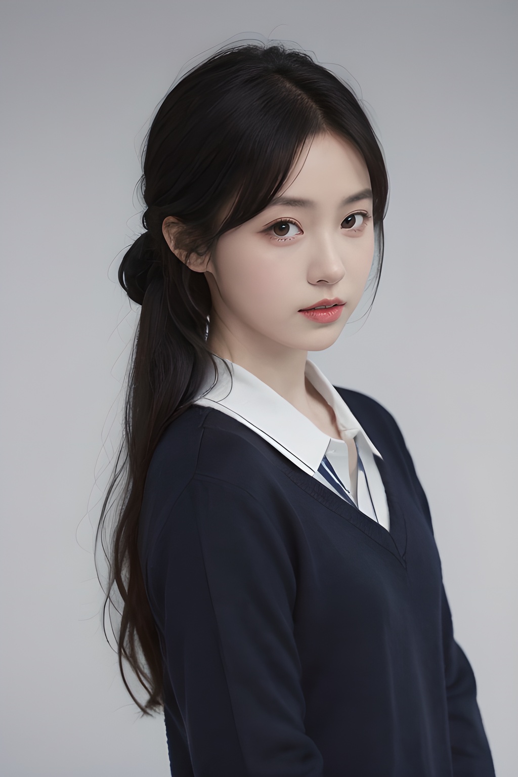 <lora:0807_08:0.7>,simple background,kiyosumi_school_uniform,, 1girl,realistic,masterpiece, best quality, photorealistic, HDR,detail