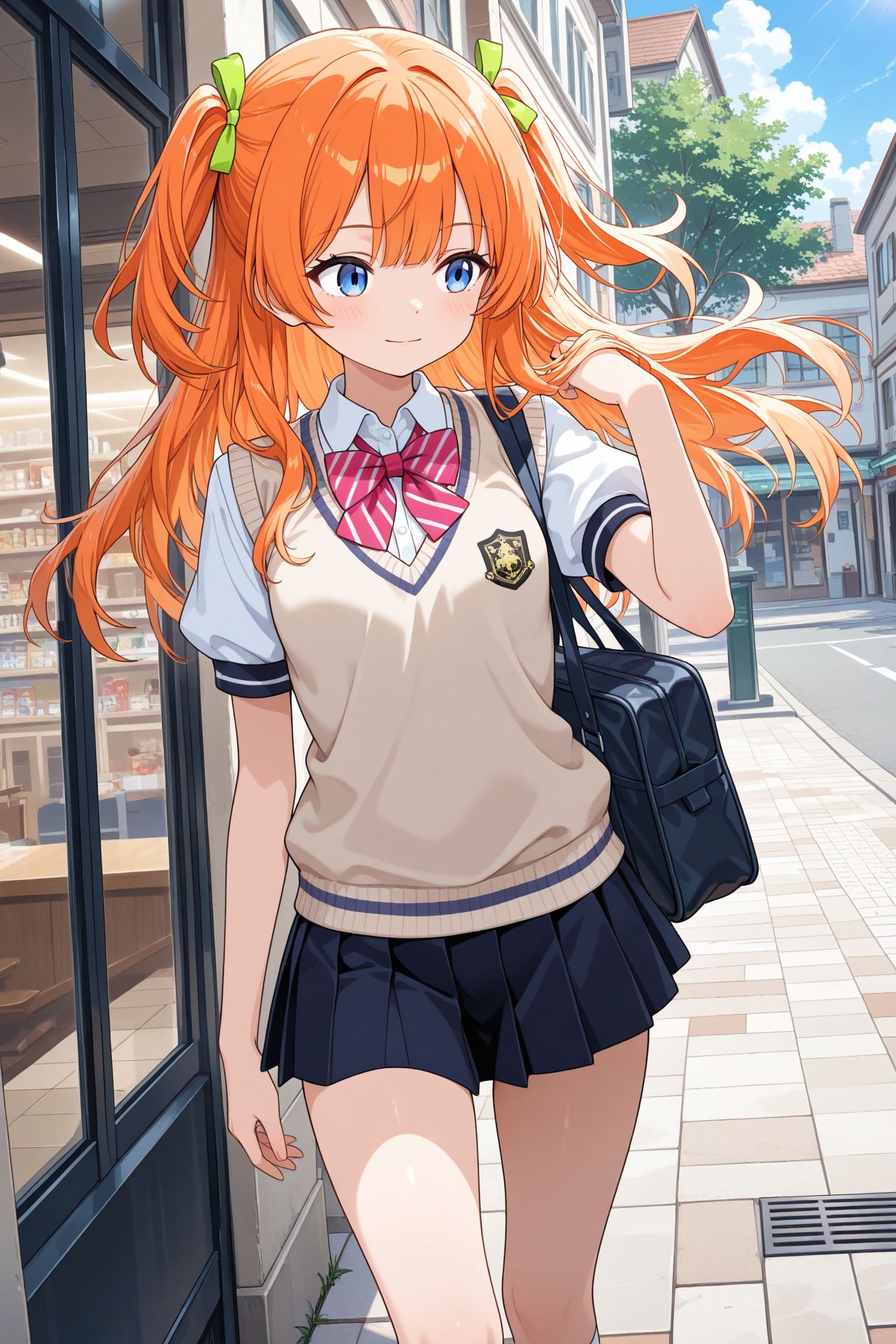 masterpiece,  best quality,  BREAKA girl is walking through the city. She has blue eyes and orange hair on Tensor.Art