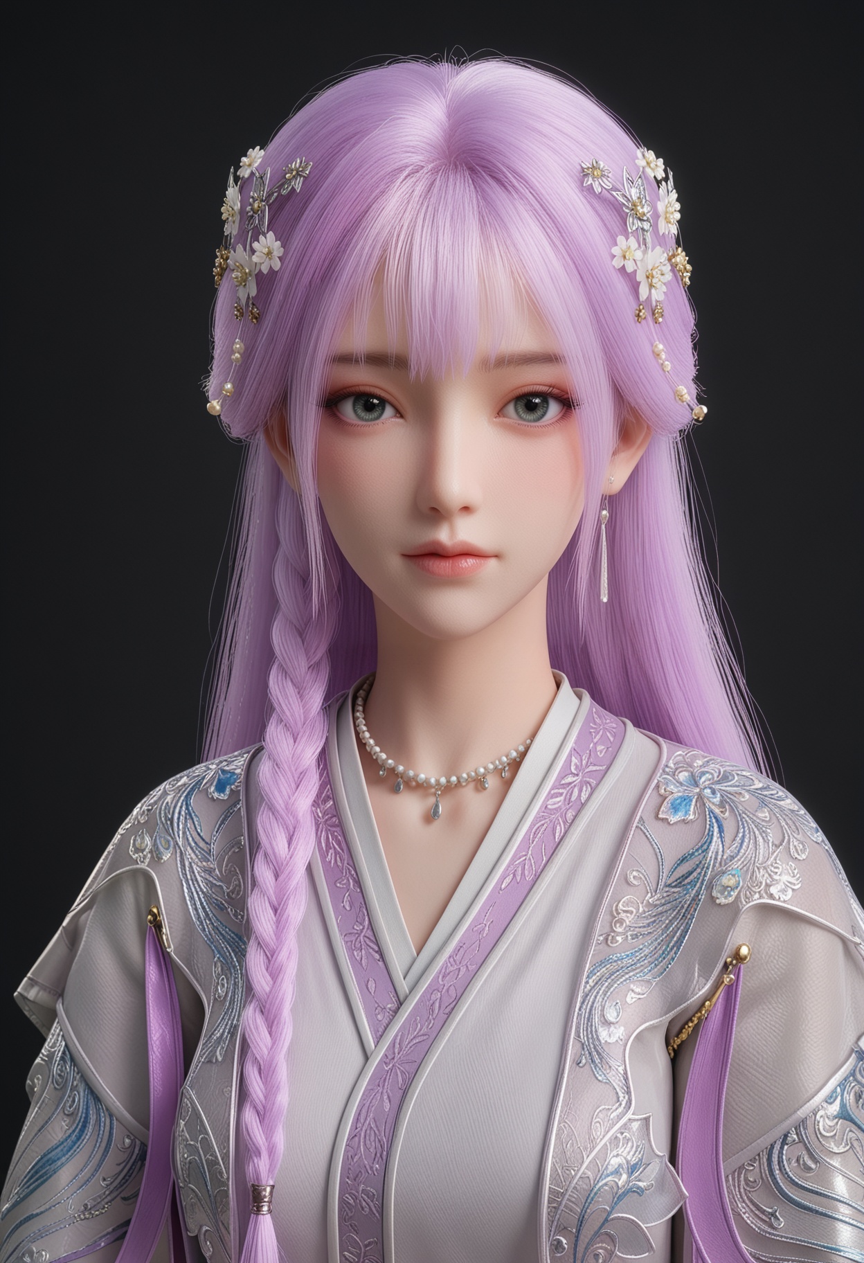 (upper_body:1.2),score_9,score_8_up,masterpiece,(best quality),intricate details,facing viewer,(looking at viewer:1.1),<lora:YQ_pony_tianqiong_shaonv_V4:0.8>,q1528437228,1girl,solo,long hair,purple hair,jewelry,hair ornament,earrings,braid,necklace,dress,hair flower,blue eyes,pink hair,chinese clothes,green eyes,side braid,grey eyes,japanese clothes,wide sleeves,long sleeves,sash,robe,BREAKscore_9,score_8_up,masterpiece,(best quality),perfect anatomy,(hourglass),perfect face,(simple background,pure black background,black background:1.1),fair_skin,shiny_skin,Ivory_skin,