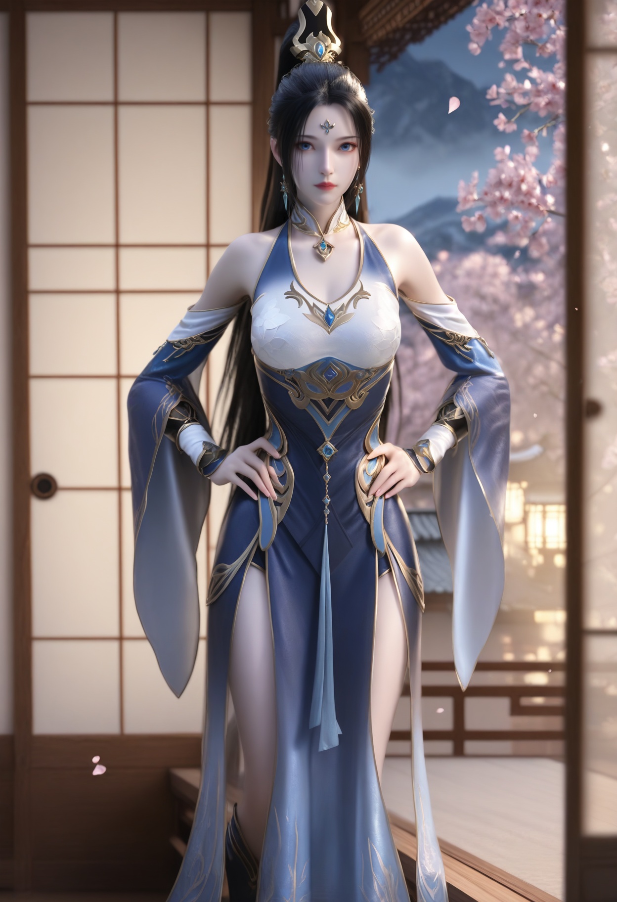 Ji_ningshuang,1girl,blue eyes,jewelry,earrings,long hair,black hair,looking at viewer,bare shoulders,hair ornament,facial mark,forehead mark,very long hair,high ponytail,earrings,<lora:Ji_ningshuang_10_illu-000004:0.75>,dress,detached sleeves,blue dress,high heels,boots,clothing cutout,wide sleeves,photorealistic,hyperrealistic,<lora:realistic filter [IL]:1>,(pale skin:1.1),looking at viewer,standing,hands on hiplantern,open window,looking at viewer,indoors,mountains,blossoms,flowers,east asian architecture,beautiful sunrise,warm ambient temperature,