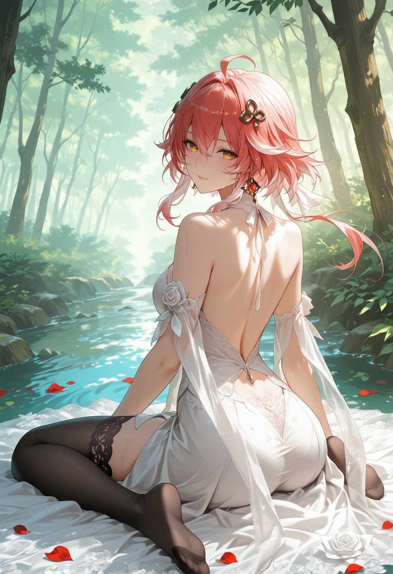 solo,((masterpiece,best quality,official art,extremely detailed CG unity 8k wallpaper))),incredibly absurdres,((beautiful detailed eyes)),((an extremely delicate and beautiful)),dynamic angle,floating,(beautiful detailed eyes),(detailed light) (1girl),floating hair,glowing blue eyes,wet see- through white wedding dress,feather,leaves,nature,(sunlight),river,river is covered by leaves,(forest),(painting),(sketch),(bloom),white wet silk stocking,((wariza ))covered with rose petals,surrounded by white rose,wet white kneehighs,beverage,bare shoulder,wet,wariza,dhalter dress,sliver hair,back,backless,backless dress,look back,<lora:长离(奥系画风):1>,changli,1girl,long hair,bangs,hair ornament,ribbon,hair between eyes,bare shoulders,yellow eyes,ahoge,red hair,short hair,multicolored hair,highlighted hair,pink hair,dress,black thighhighs,white dress,flower,hair flower,chinese clothes,lace stockings,lace bra,lace panties,exposed,sexy,