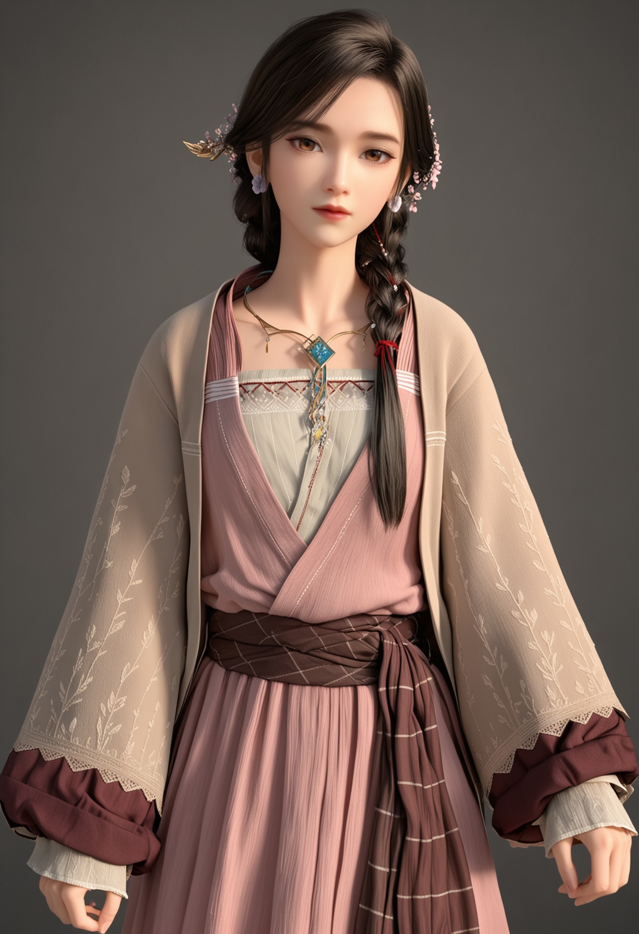 (cowboy shot:1.2),(looking at viewer:1.1),facing viewer,direct gaze,<lora:YQ_pony_yingmo_V4:0.8>,q1528437228,1girl,solo,jewelry,long hair,hair ornament,earrings,braid,brown hair,brown eyes,hair flower,necklace,black hair,dress,long sleeves,single braid,BREAK simple background,pure black background,black background,perfect anatomy,