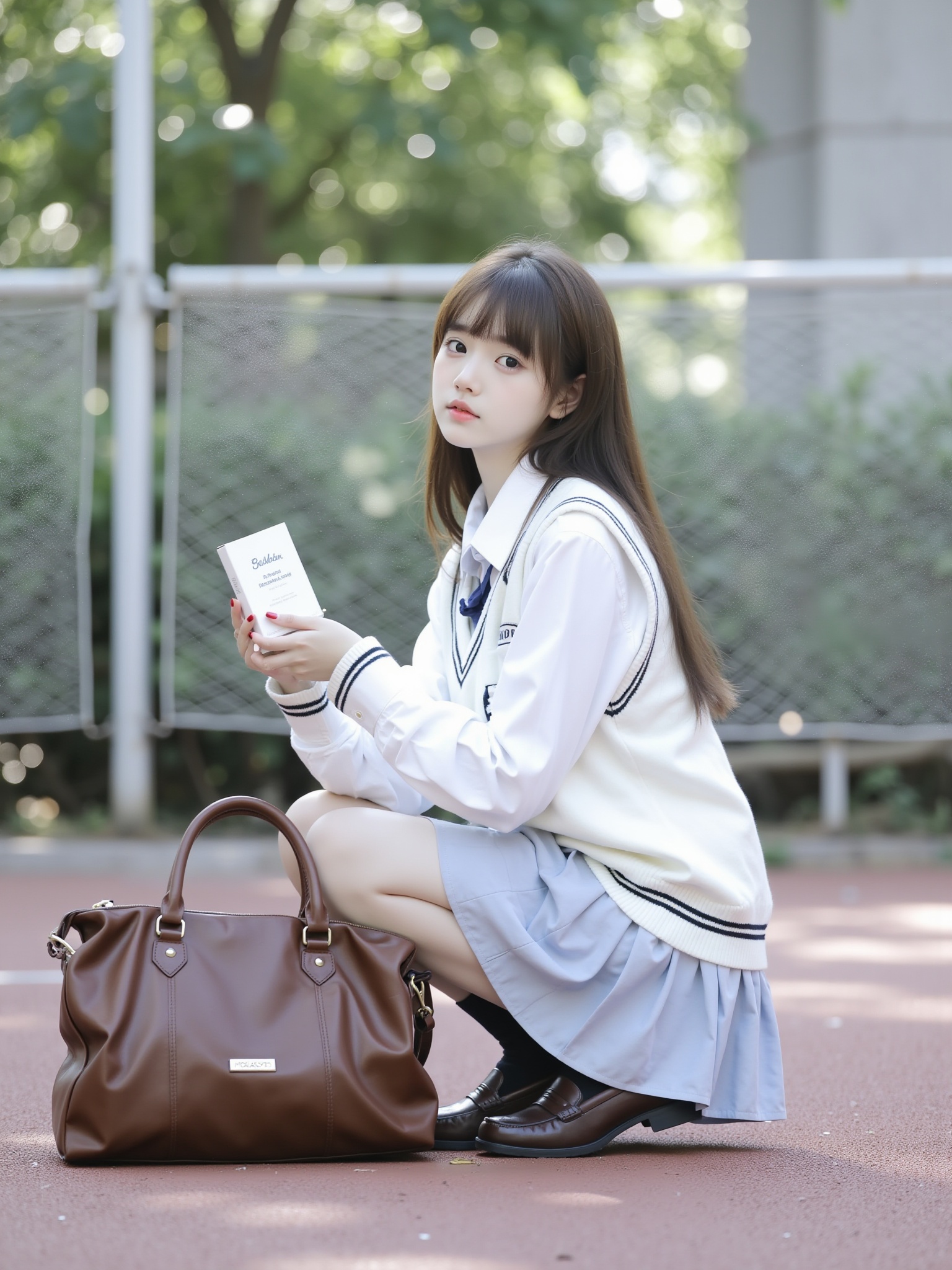 The photograph depicts a young Asian woman, likely in her early twenties, kneeling on a reddish-brown rubberized surface, possibly a tennis court. She has long, straight brown hair with bangs, and her facial features are delicate, with a small nose and full lips. She is wearing a white long-sleeve shirt with a fitted, sleeveless white vest, and a light blue pleated skirt. Her attire gives her a schoolgirl appearance. She holds a white box with blue text in her right hand, and her left hand is resting on her knee. She is wearing black socks and dark brown loafers. In the background, there is a white mesh fence and green foliage, suggesting an outdoor setting, possibly a school or park. A large brown leather handbag with silver hardware lies beside her on the ground, adding to the casual, everyday setting. The overall image is well-lit, with natural light filtering through the foliage, creating a soft, diffused glow. The composition is balanced, with the subject centered and the background slightly blurred, drawing focus to her. The textures of her clothing and the bag are smooth and polished, contrasting with the rough, textured surface of the ground.<lora:YY-浅浅F.1:1>,