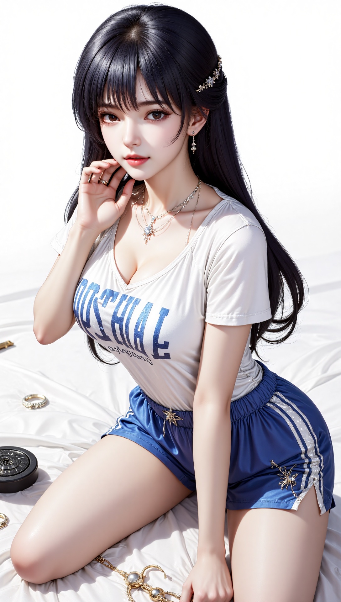 qingshu,qingshu,1girl,solo,sportswear,long hair,sitting,looking at viewer,holding,earrings,shorts,black hair,jewelry,