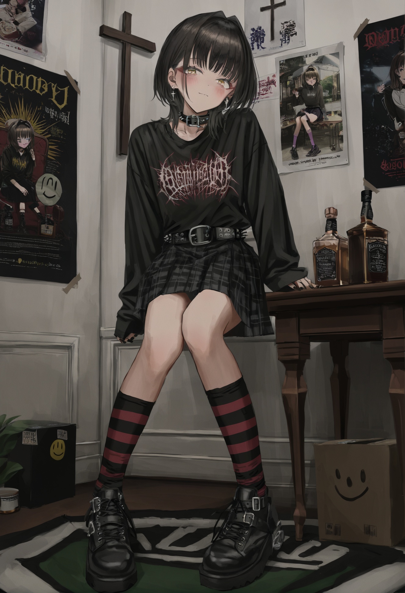 masterpiece, best quality,1girl, bottle, solo, shoes, sitting, looking at viewer, black hair, shirt, skirt, cross, black shirt, socks, alcohol, bangs, plaid, long sleeves, striped, medium hair, blush, yellow eyes, black skirt, plaid skirt, poster \(object\), hair intakes, indoors, jewelry, smiley face, black nails, earrings, collar, closed mouth, table, full body, cross earrings, belt collar, sleeves past wrists, spikes, whiskey, choker  <lora:GUXLlokr8f-000183:0.95>