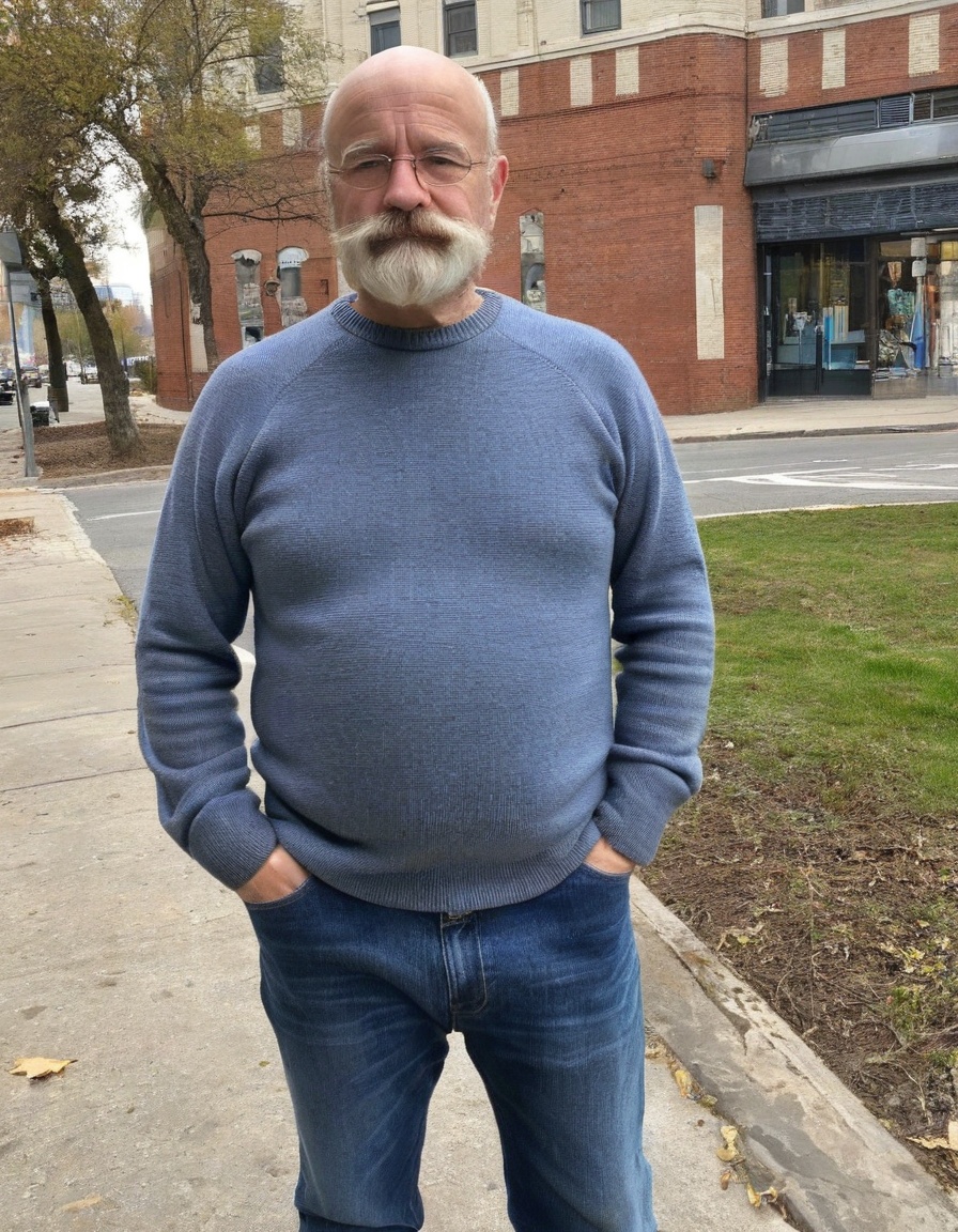 XPJPyoruno, solo, long sleeves, 1boy, male focus, outdoors, pants, sweater, facial hair, denim, building, beard, jeans, realistic, mustache, bald, old, old man, fat man<lora:SDXL.东亚矮矬男XPJPyoruno:1>