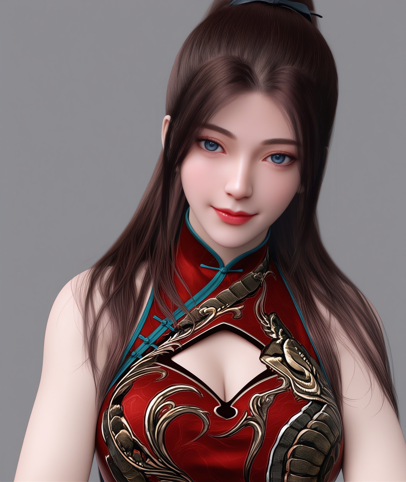 (score_9),masterpiece,best quality,absurdres,highres,upper body,(white_skin),(Ivory_skin),light_skin,BREAK1girl,solo,<lora:唐紫尘-ill-000009:0.82>,htzc,igh ponytail,long hair,brown hair,blue eyes,light smile,(looking at viewer),(front view),light blush,bare shoulders,clothing cutout,cleavage cutout,bracelet,china dress,(red_china dress),(large teardrop breasts),(large breasts),BREAK(Cinematic Lighting:1.1),simple background,