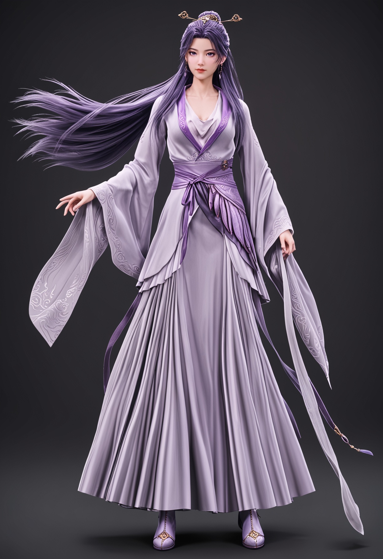 (standing full_body:1.1),(masterpiece:1.1),(best quality:1.2),(intricate details),(looking at viewer:1.1),facing viewer,direct gaze,<lora:YQ_pony_yunxiaoxianzi2.0_V5:0.8>,q1528437228,1girl,solo,long hair,purple hair,purple eyes,hair ornament,chinese clothes,dress,jewelry,earrings,hair stick,long sleeves,sash,facial mark,single hair bun,wide sleeves,blue eyes,boots,black hair,shawl,BREAK simple background,pure black background,black background,perfect anatomy,