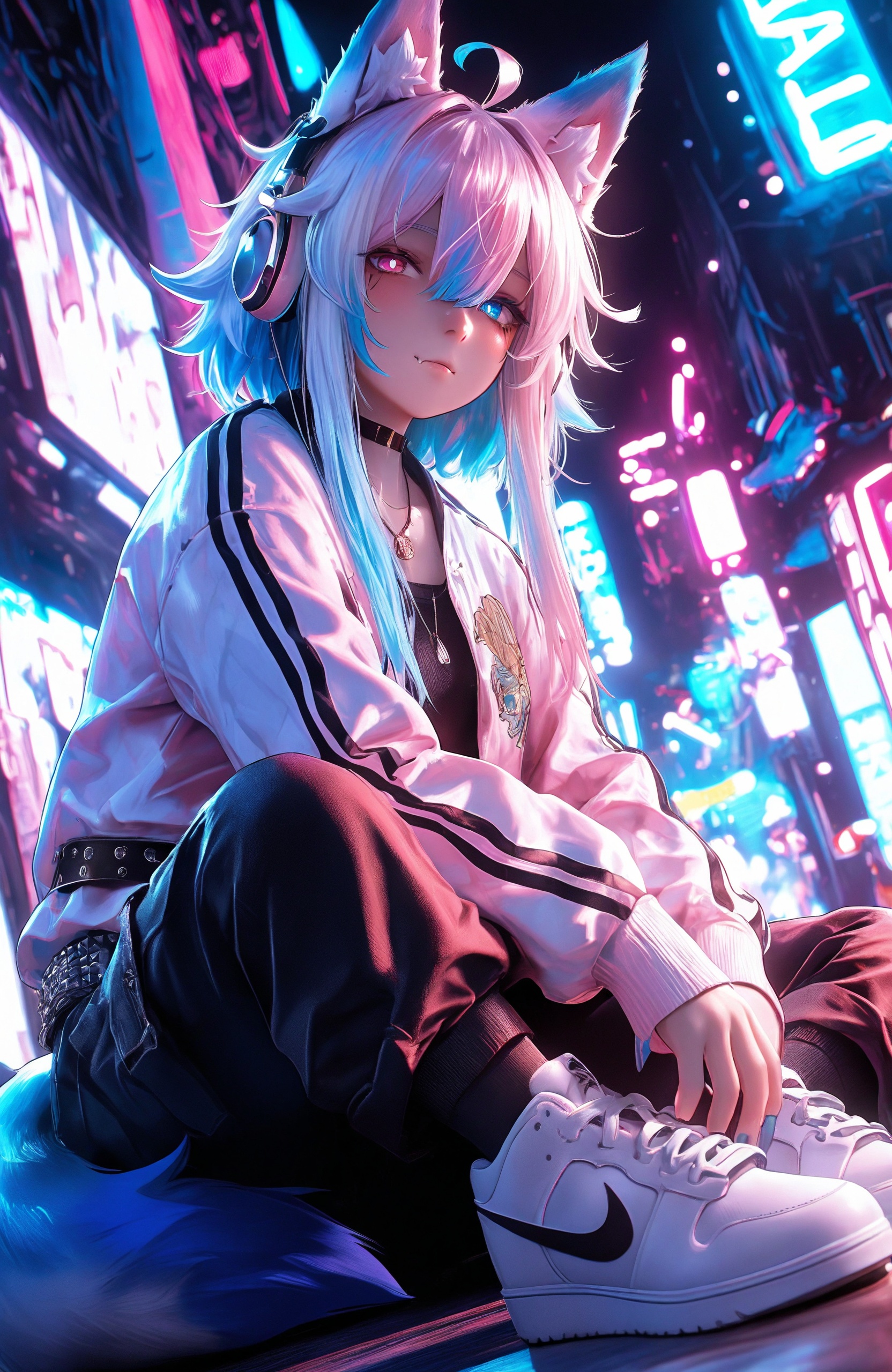 masterpiece, best quality, dramatic lighting, refraction, rim lights, backlighting, bloom, dark, shaded, black background, abstract background, BREAKkazukoto, (uenomigi:0.95), john kafka, dino \(dinoartforame\), shiokonbu, ayagi daifuku, (betabeet, lam \(ramdayo\),torisan:0.25), pink theme, blue highlights, BREAK1girl, solo, heterochromia, blue eyes, pink eyes, white pupils, white hair, ([blue hair | light blue hair]:0.75), (multicolored hair:0.75), messy hair, long hair, bangs, hair between eyes, ahoge, [dog ears | fox ears], dog girl, dog tail, animal ear fluff, skin fang, blush, (baggy clothing, fashion:1.3), plaid shirt , sukajan, jacket, , , short over long sleeves , chullo, , , cargo pants , adidas , necklace , arm warmers , headphones , studded belt , , nike sneakers , kneehighs, upper body, from side, perspective, dutch angle, looking at viewer, close-up, face focus,