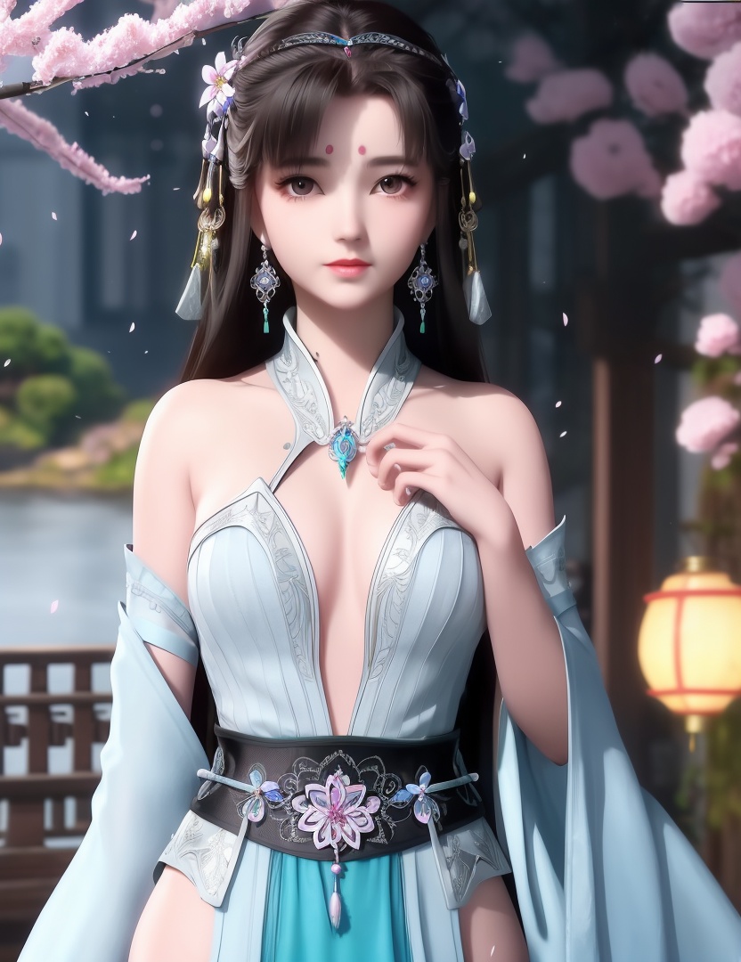 ultra realistic 8k cg, picture-perfect face, flawless, clean, masterpiece, professional artwork, famous artwork, cinematic lighting, cinematic bloom, perfect face, beautiful face, fantasy, dreamlike, unreal, science fiction,  beautiful clothes, lace, lace trim, lace-trimmed legwear,  (rich:1.4), prestige, luxury, jewelry, diamond, gold, pearl, gem, sapphire, ruby, emerald, intricate detail, delicate pattern, charming, alluring, seductive, erotic, enchanting, hair ornament, necklace, earrings, bracelet, armlet,halo((,1girl, ,))(((,teenage,full moon,lantern, cherry blossoms, 1girl, tree, spring_\(season\), solo, black_hair,chinese clothes,looking at viewer, upper body, ))) <lora:DA_LanLingEr:0.6>