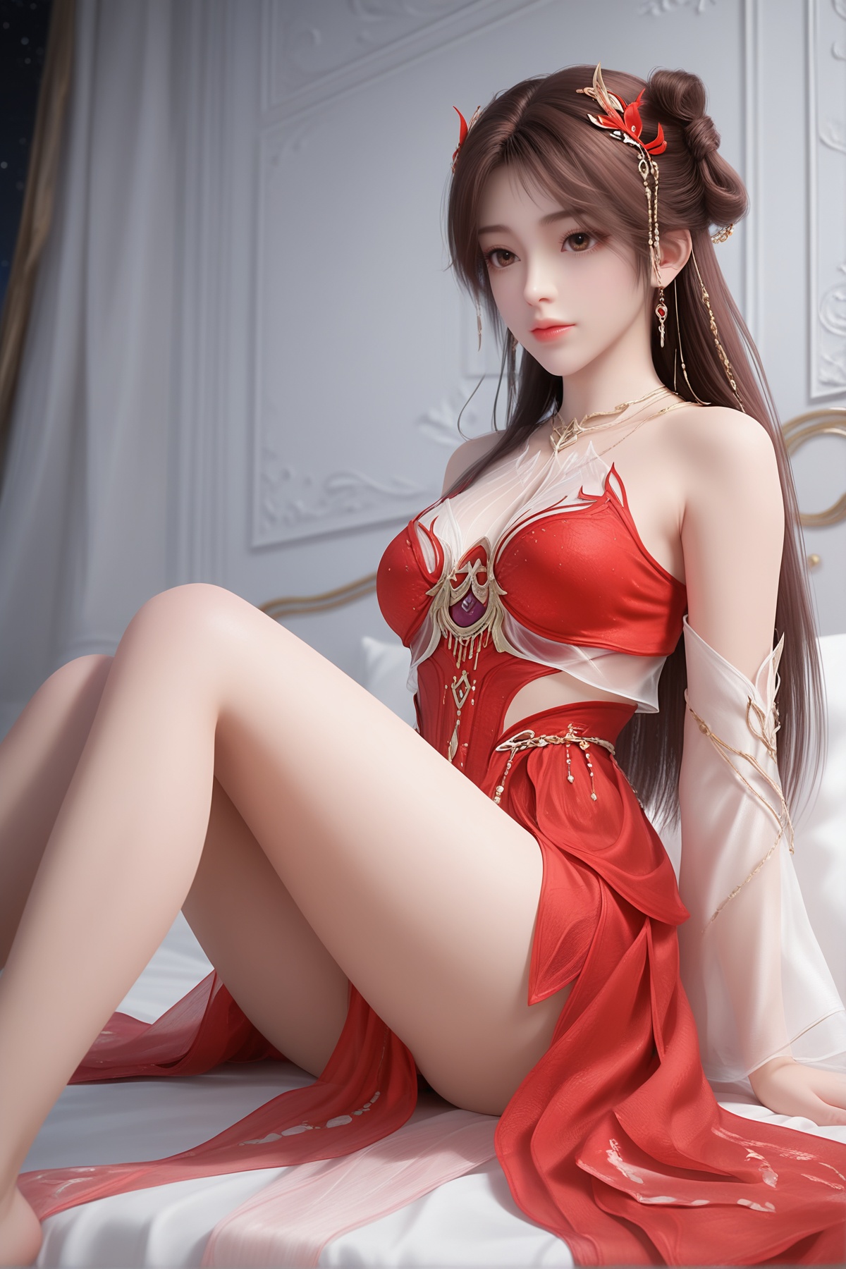 masterpiece,best quality,realistic,cinematic,detail eyes,(ultra-detailed),perfect composition,intricate details,absurdres,detailed face,high quality,high res,8K,<lora:X_huolinger_ts_IL3.0s:0.8>,1girl,long hair,breast,medium breasts,hair_ornament,dress,brown hair,brown eyes,red dress,bare_legs,sitting,bed,white wall,night,