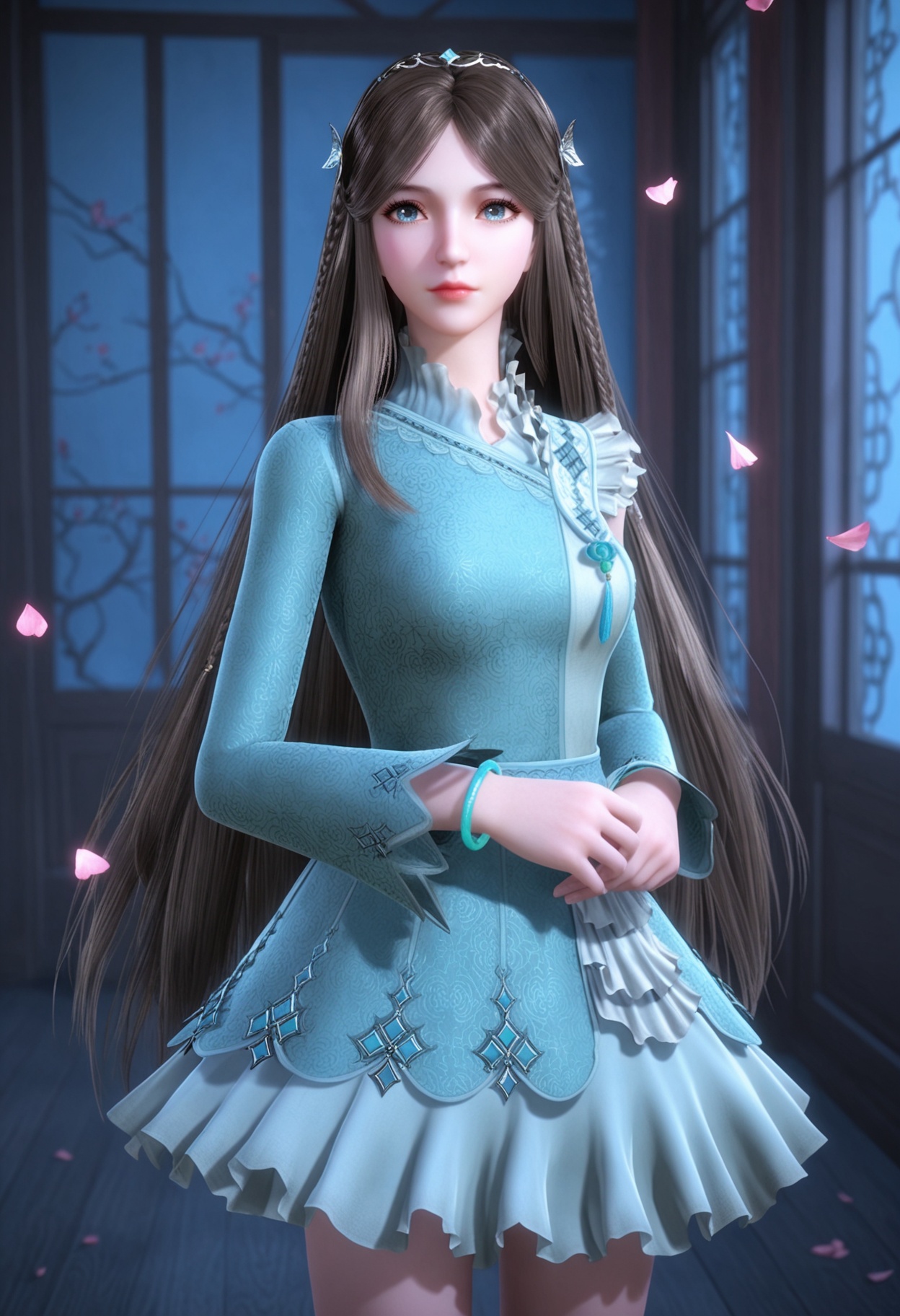 (upper_body:1.2),(looking at viewer:1.1),masterpiece,(best quality),smog,Dark room,dim lighting,peach blossom,falling petals,<lora:YQ_Illustrious光辉v5_宁荣荣_V1:0.8>,q1528437228,1girl,solo,long hair,brown hair,hair ornament,dress,blue eyes,blue dress,braid,tiara,detached sleeves,long sleeves,black hair,jewelry,bracelet,butterfly hair ornament,very long hair,green dress,skirt,brown eyes,shoes,necklace,blonde hair,hairband,asymmetrical sleeves,gem,chinese clothes,pantyhose,gloves,grey hair,thighhighs,shorts,sleeveless,socks,