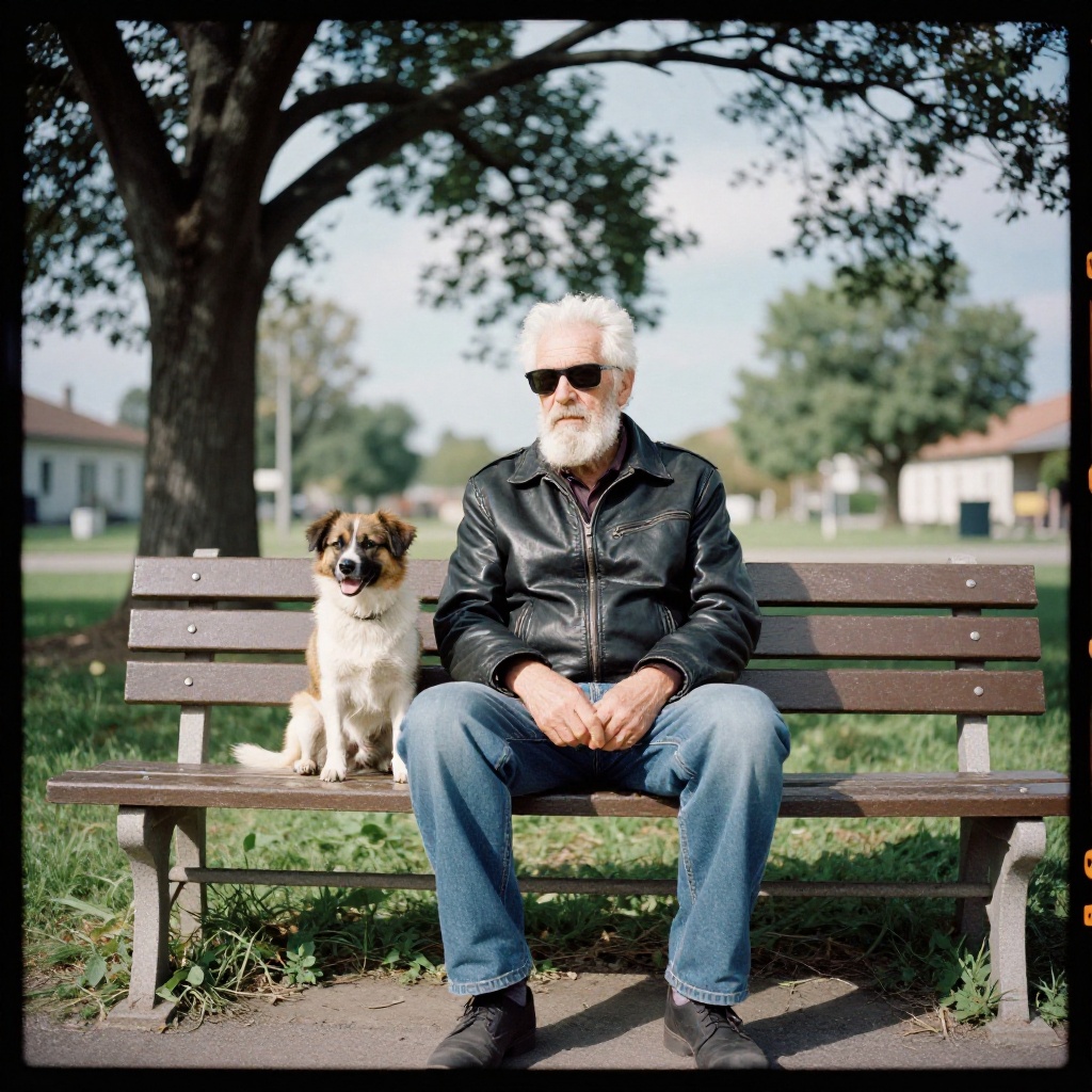 analog film photo of cinematic style,  Kodak Portra 400 analog film stocks of a man sitting on a bench with a dog,  detail...