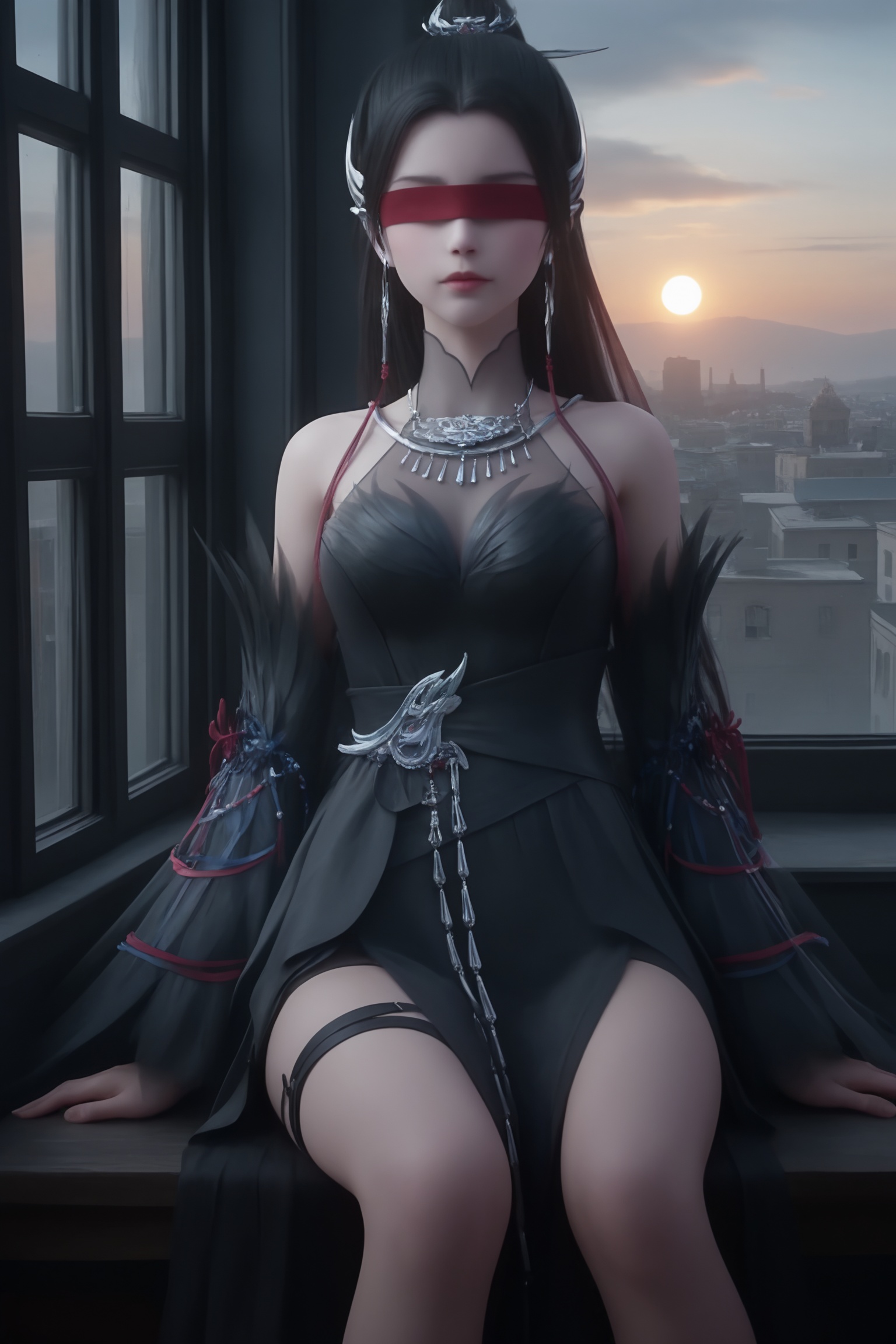 1girl,solo,sitting,window,frills,sky,cloud,indoors,cityscape,closed_mouth,sun,looking at viewer,<lora:诛仙-鬼先生ILL:0.7>,long,flowing black hair,thin red blindfold,dark,form-fitting dress with intricate,feather-like details on the sleeves,large,silver chain necklace,