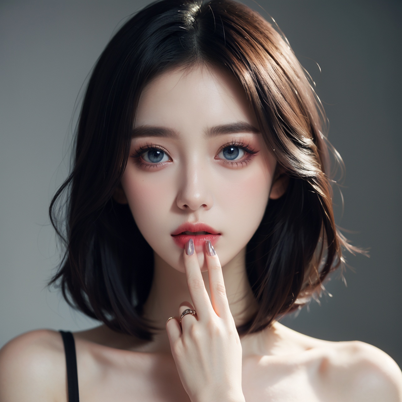 (masterpiece, top quality, best quality, official art, beautiful and aesthetic:1.2),(1girl:1.3),Smoked makeup,makeup,manicures,eyelashes,bright eyes,blue eyes,delicate hair,clothing accessories,clothing textures,
