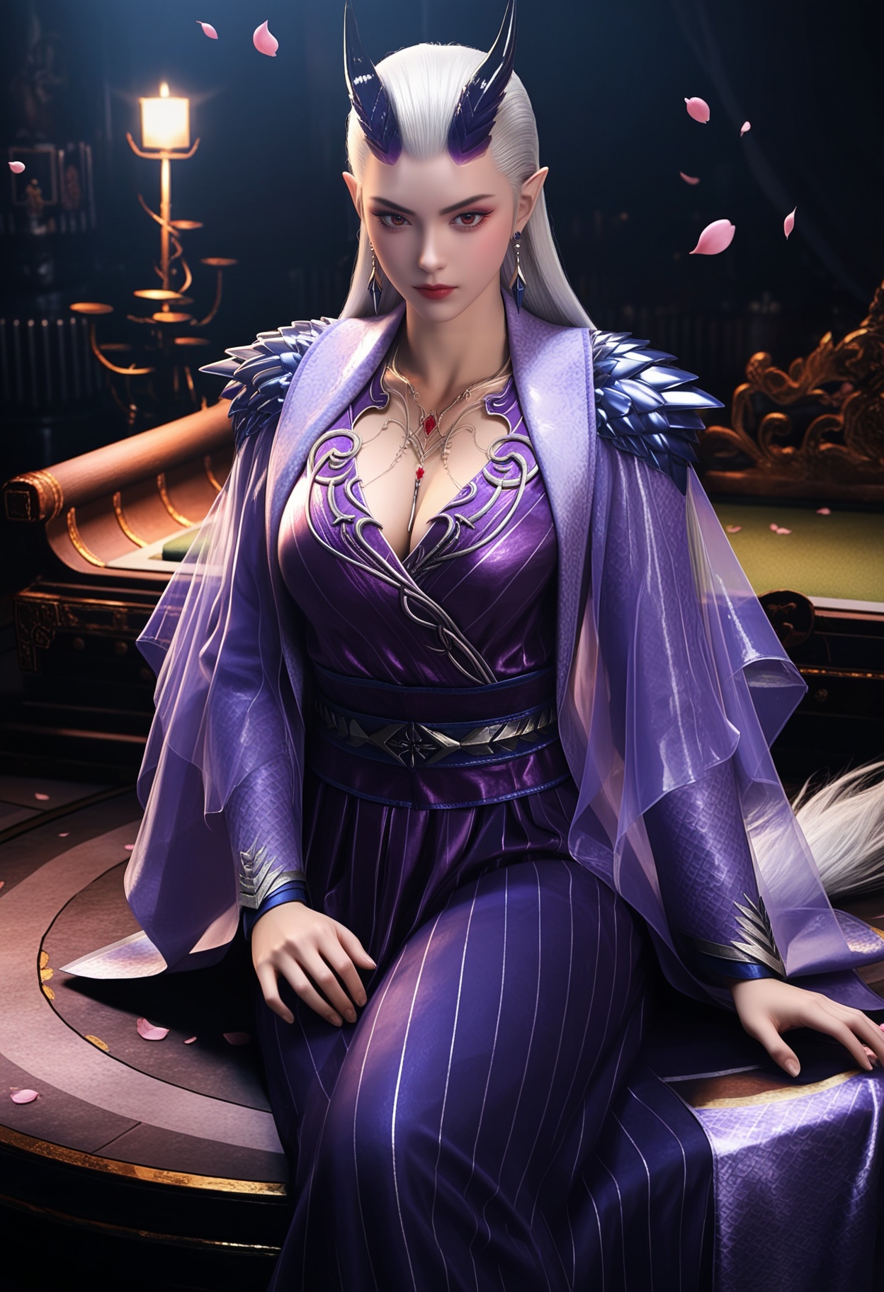 masterpiece,best quality,amazing quality,very aesthetic,high resolution,ultra-detailed,absurdres,scenery,photorealistic,(looking at viewer:1.1),upper body,(Dark room:1.3),(moody lighting:1.1),peach blossom,falling petals,(large breasts:0.8),monasuo,1girl,solo,white hair,long hair,jewelry,horns,earrings,pointy ears,necklace,closed mouth,dress,makeup,purple dress,long dress,long sleeves,red lips,brown eyes,barefoot,sitting BREAK photorealistic details,<lora:QQSillmonasuoV1:0.8>,