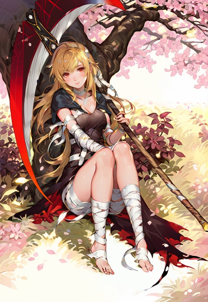 (best quality), ((masterpiece)), (highres), illustration, original, extremely detailed,yyy, 1girl, solo, blonde hair, long hair, bandages, scythe, red eyes, looking at viewer, sitting, breasts, barefoot, weapon, tree, holding, blush, bandaged leg, cherry blossoms