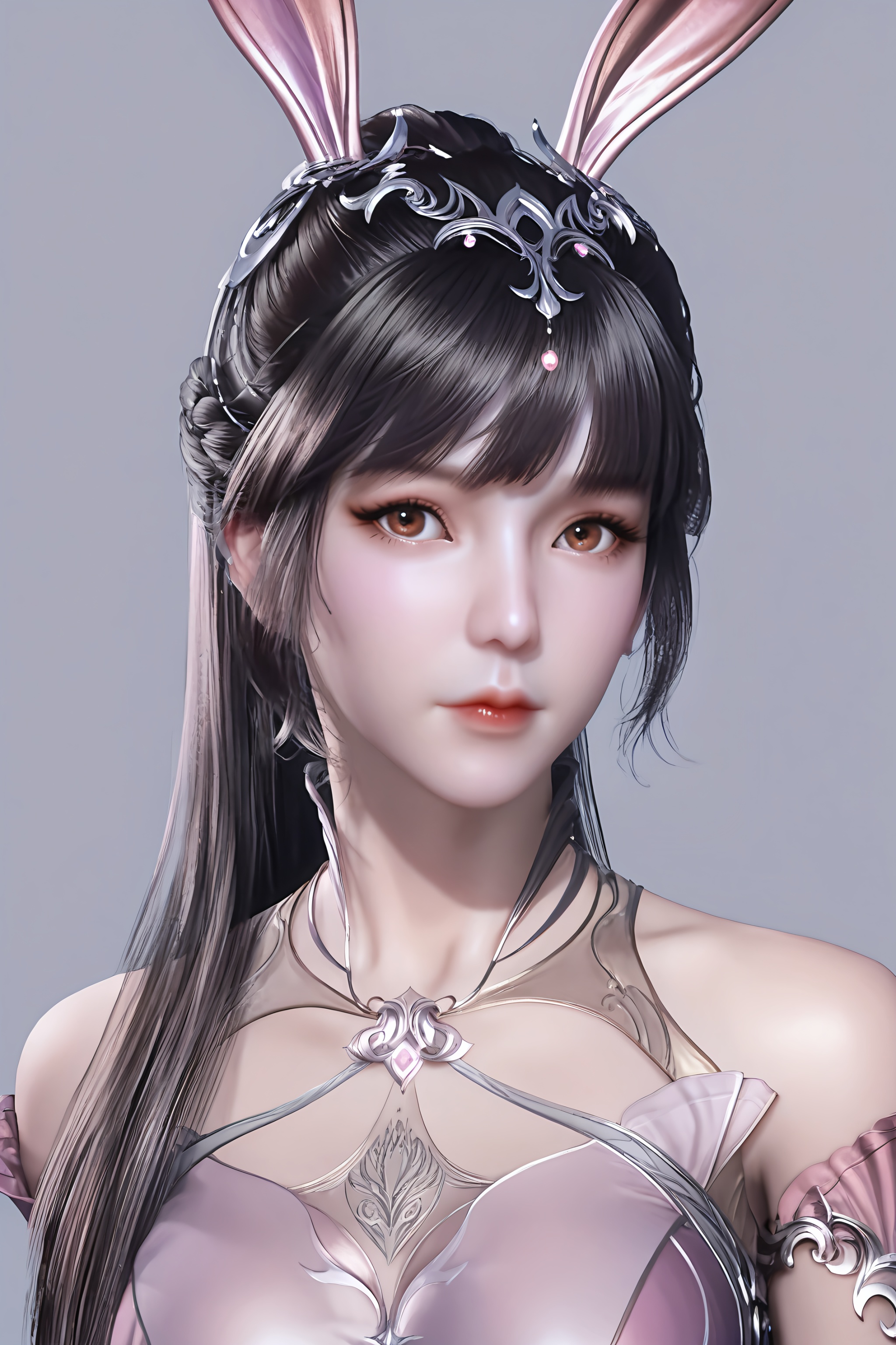 score_9,score_8_up,score_7_up,8k,hd,<lora:小舞-ppp:0.86>,xiaowu,1girl,solo,bunny ears,hair ornament,long hair,ponytail,brown eyes,black hair,dress,pink dress,looking at viewer,front view,<lora:SkinRealityOrg_ponyv6_loraplus:0.25>,real skin,<lora:皮肤凹痕:1.2>,female,(mature_female),mature,collarbone,large breasts,curvy,glamor,puffy breasts,pointy_breasts,<lora:e色温:0.5>,(fair_skin),(white_skin),<lora:e肤色滑块:0.5>,body blush,simple background,grey background,