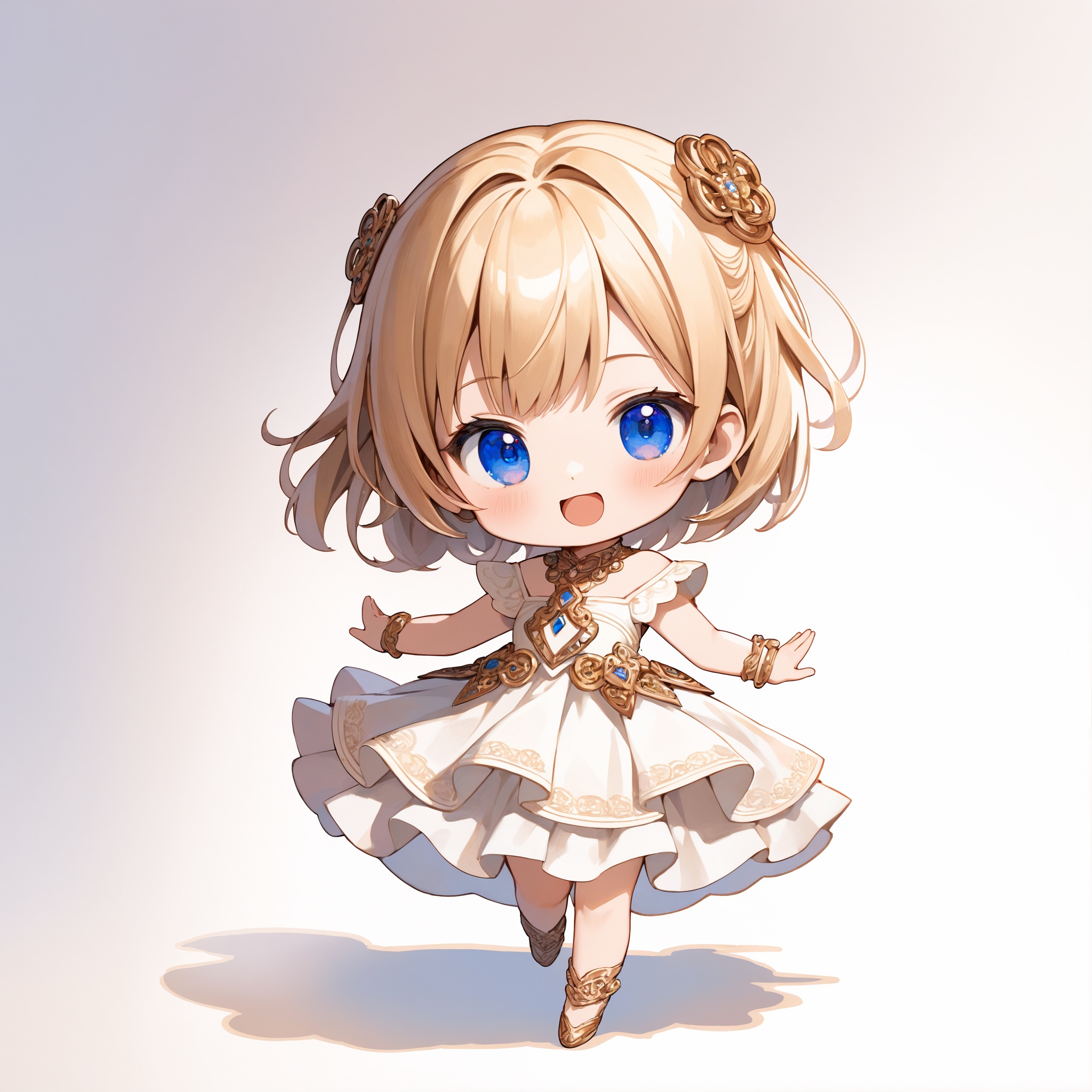 SceneDescription: - Composition: Full body shot. - Subject: A cute girl. - Characteristics: - Clothing: White layered dres...