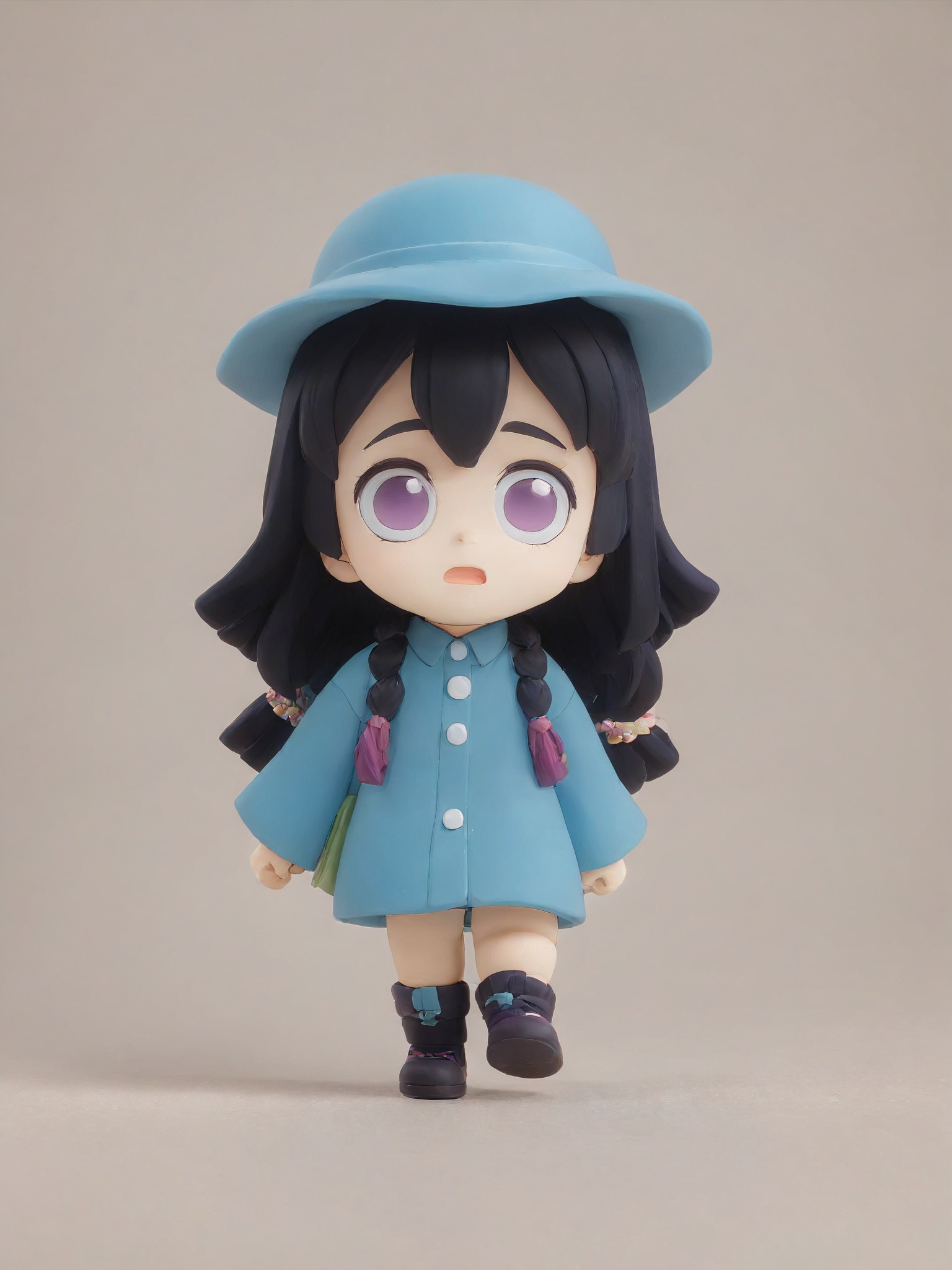 fnk,chibi,blind box,masterpiece, best quality, 1girl, Blue clothes, black hair, outdoor, POP Mart, stand, Purple wool hat, Simple background, .