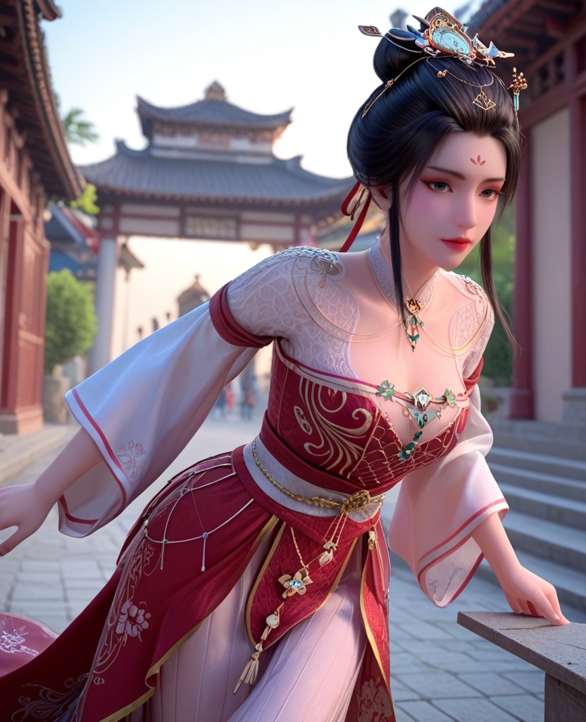 (oriental architecture, elegant decor, sophisticated style:1.1),(running:1.1),(breasts:1.2),<lora:XL暗河传医者白鹤淮:0.8>,miss baihehuai,chinese clothes,detached collar,red corset,red overskirt,hair bun,black hair,hair ornament,hanging hair,forehead mark,black eyes,shoulder mesh,jewelry,floral print,, score_9,score_8_up,score_7_up,score_6_up,score_5_up,score_4_up,3d rendering,tag1,tag2, Cinematic Lighting,backlighting,
