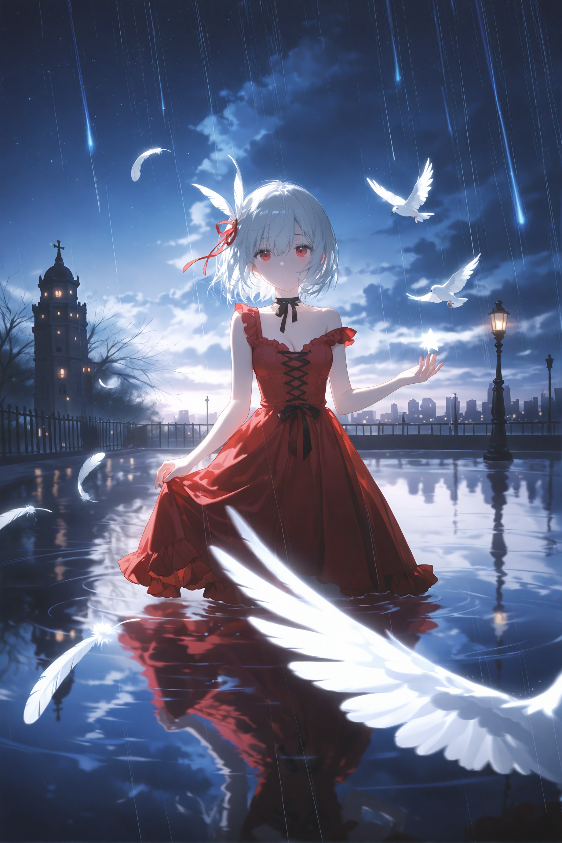 1girl,feathers,red dress,dress,red eyes,solo,lamppost,sky,sleeveless dress,outdoors,fence,sleeveless,breasts,hair between eyes,white feathers,night,shooting star,bare shoulders,white hair,closed mouth,meteor shower,hand up,night sky,looking at viewer,black ribbon,small breasts,cloud,ribbon,star (sky),starry sky,hair ornament,medium breasts,building,short hair,bare arms,cloudy sky,tower,choker,water,gate,castle,standing,black bow,cleavage,bow,falling feathers,collarbone,feather hair ornament,grey hair,black choker,fountain,tree,hair ribbon,neck ribbon,flower,railing,pleated dress,strap slip,parted lips,blush,reflection,frills,depth of field,skyline,scenery,frilled dress,red ribbon,cross-laced clothes,rain,bird,chain-link fence,ribbon choker,
