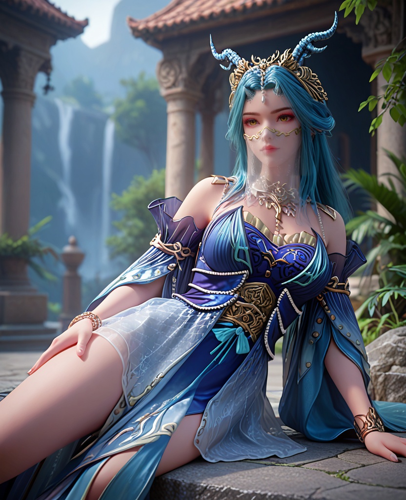 (oriental architecture, elegant decor, sophisticated style:1.1),sunbathing,(breasts:1.2),<lora:XL完美世界龙女:0.9>,miss longnv,solo,blue dress paired with a beads tight corset,blue dress,mouth veil,detached sleeves,blue hair,horns,red eyeshadow,yellow eyes,jewelry,long hair,bracelet,see-through overskirt,necklace,, zPDXL2, score_9, score_8_up, score_7_up BREAK realistic, masterpiece,best quality, highly detailed,, zPDXL3, zPDXL2,zPDXL, zPDXLxxx, zPDXLrl,