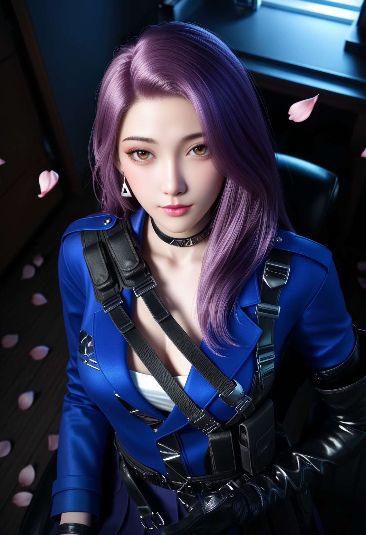 masterpiece,best quality,amazing quality,very aesthetic,high resolution,ultra-detailed,absurdres,scenery,photorealistic,(looking at viewer:1.1),upper body,(Dark room:1.3),(moody lighting:1.1),peach blossom,falling petals,(large breasts:0.8),yunyouyou,1girl,solo,long hair,gloves,pink hair,choker,belt,black gloves,jewelry,earrings,brown eyes,thighhighs,jacket,skirt,holster,blue jacket,purple hair,single thighhigh,high heels BREAK photorealistic details,close-up,<lora:QQSillyunyouyoubwV1:0.9>,