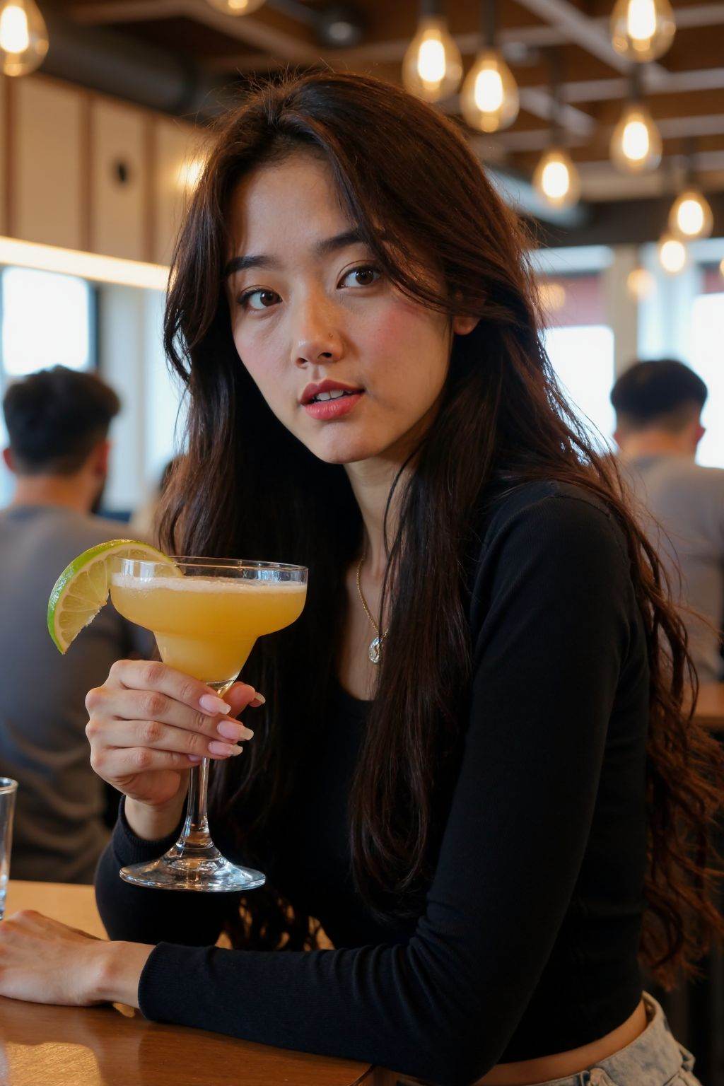The image is a high-resolution photograph featuring a young woman with long black hair, fair skin, and a slender physique, seated in a modern, warmly lit restaurant. She wears a black long-sleeved top and holds a cocktail glass with a lime wedge. In the background, other patrons, including a man in a grey shirt, are seated at tables. The decor features contemporary lighting fixtures and a mix of wood and metal accents. The atmosphere is casual yet sophisticated, with a focus on contemporary design and comfort.