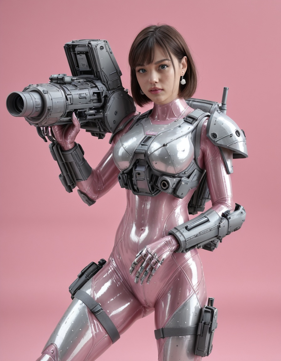 realistic,ganglan,dongfang,\(glow\),emit light,figure,realistic,\(Backpack\),ganglan,Beautiful eye shadow,\(Backpack\),\(glow\),emit light,figure,realistic,emit light,figure,realistic,jiniang,gynoid,deck,weapon,\(prow\),(Dynamic angle, dynamic pose)3D 3D render CGI,Gundam thruster,cannon,machinery,sheathed,Mechanical,hyper-realistic pvc texture,high-poly sculpted detail,Realistic,Metallic texture,reflective texture,Symmetric design,long knife,Futurist weapons,sensitive.Huge mechanical wings,Depth of field,seeing body curves through clothing,Silk clothing,distant view,Stereoscopic maneuvering device,3D Maneuvering Gear,3D 3D render CGI,(Dynamic angle, dynamic pose),1girl  bag  bangs  bare shoulders  blue eyes  bodysuit  breasts  brown hair  cleavage  earrings  eyelashes  gradient  gradient background  jewelry  lips  looking at viewer  makeup  medium breasts  nose  parted lips  piercing  pink background  pink bodysuit  pink theme  realistic  see-through  short hair   skin tight  solo  stud earrings  swept bangs  upper body,