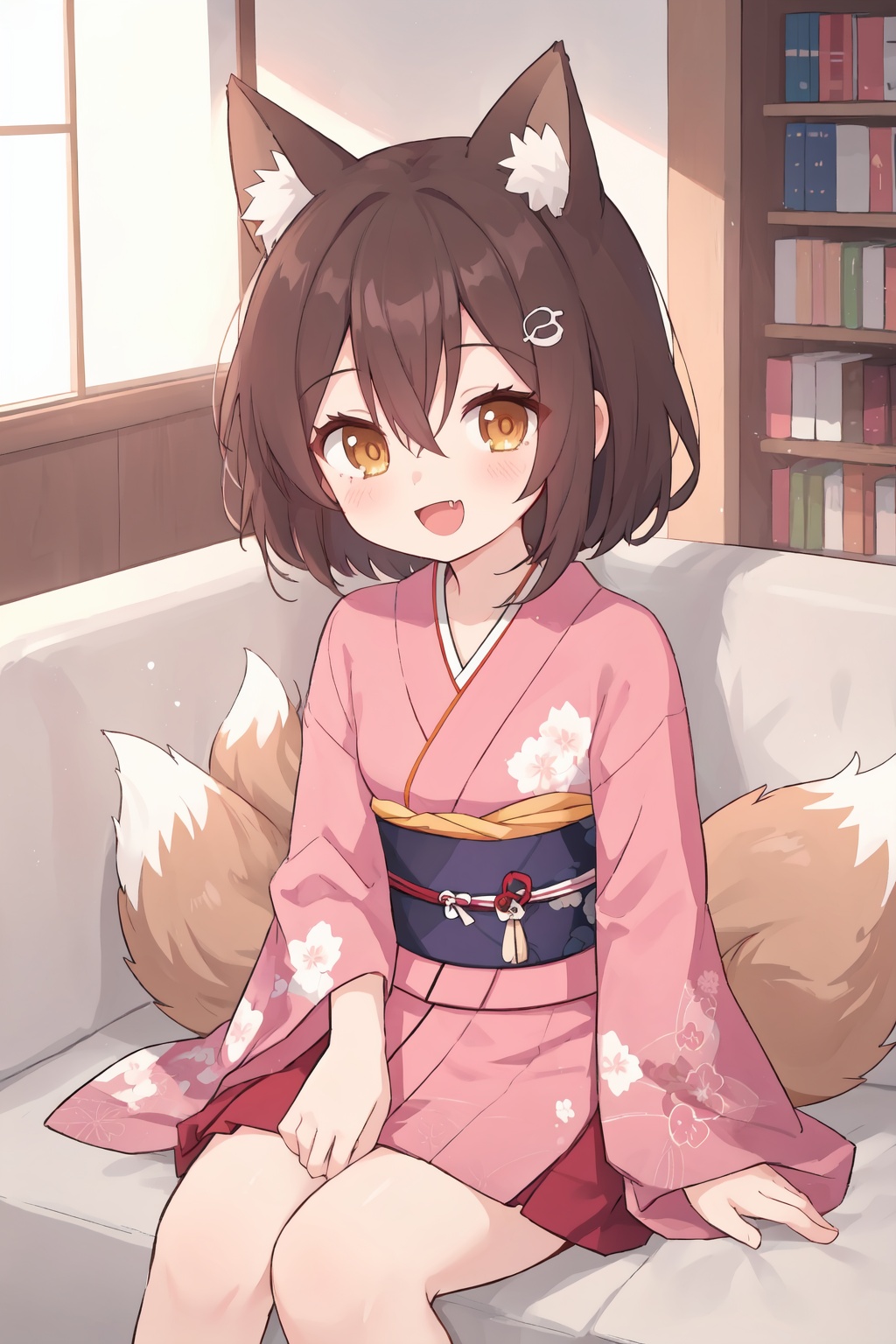 1girl,tail,solo,brown hair,izuna \(blue archive\),couch,looking at viewer,smile,floral print,fang,japanese clothes,open mouth,kimono,hair ornament,fox girl,blush,short hair,skin fang,brown eyes,hair between eyes,bangs,yellow eyes,skirt,:d,pink kimono,print kimono,lu-style,