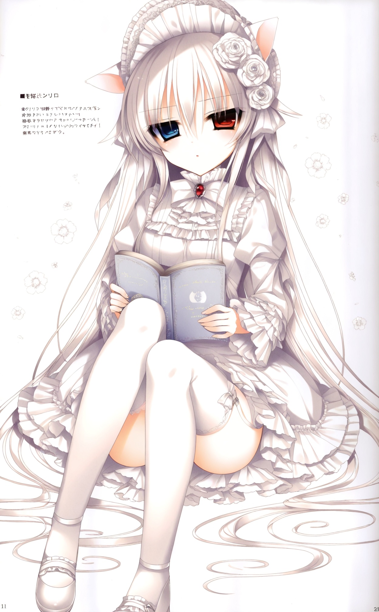 masterpiece,absurdres,best quality,((petite)),loli,high quality,white theme,//,1girl,heterochromia,solo,long_hair,animal_ears,thighhighs,lolita_fashion,white_hair,bonnet,blue_eyes,book,sitting,dress,very_long_hair,gothic_lolita,white_thighhighs,red_eyes,flower,shoes,hair_ornament,mary_janes,frills,cat_ears,//,<lora:月影ネム——【CKXL】hans:1>,