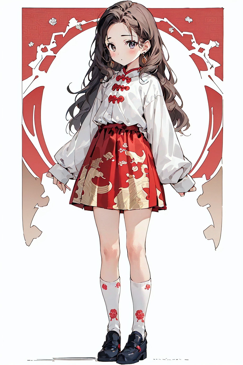1girl,short skirt,(stand:1.3),pattern,red clothes,ruby_earrings,(tang:1.1),gold,golden dragon_print,((red background:1.1)),chinese style,(printed over-the-knee socks:1.2),<lora:kp_小萝莉V1:0.8>, kp,standing,full body,