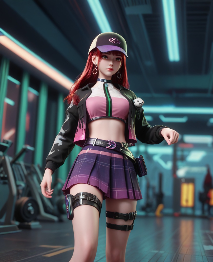 (oriental architecture, elegant decor, sophisticated style:1.1),(having a workout at the gym,barbell:1.1),(breasts:1.2),<lora:XL16克金玩家诸葛云落:0.95>,adolescent girl,camouflage cropped jacket,pink corset,brown eyes,red hair,long hair,atropurpureus baseball cap,hoop earrings,atropurpureus plaid miniskirt,choker,belt,thigh strap,white loose socks,stuffed bear brooch,vibrator in thigh strap,, score_9,score_8_up,score_7_up,score_6_up,score_5_up,score_4_up,3d rendering,tag1,tag2, Cinematic Lighting,backlighting,, zPDXL3, zPDXL2,zPDXL, zPDXLxxx, zPDXLrl,