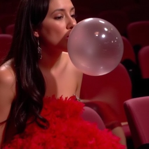 Latina girl with black long hair blowing bubblegum in a fashion show wearing red formal dress on Tensor.Art
