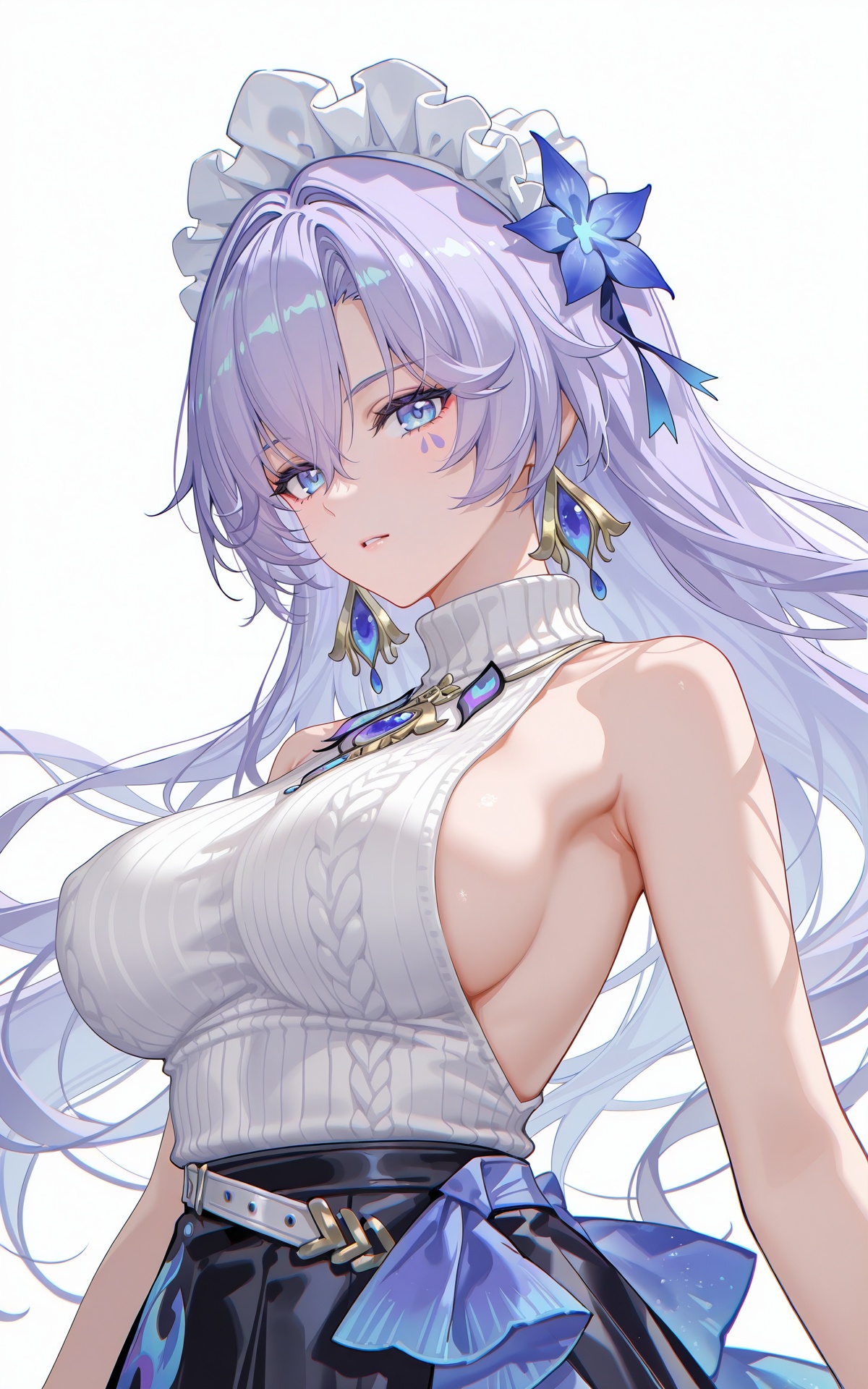 8k,best quality,masterpiece,(ultra-detailed),(high detailed skin),((artist:reoen),(artist:fuzichoco),(artist:atdan),(artist:torino_aqua),year 2024:0.8),[artist:wlop],[artist:ningen_mame],artist:ciloranko,[[artist:rhasta]],artist:tidsean,colorful,<lora:xl-ill-cantarella(wuthering waves)-v1-000010:0.8>,cantarella\(wuthering waves\),1girl,breasts,solo,long hair,large breasts,looking at viewer,sleeveless,white background,blue eyes,armpits,simple background,purple hair,sleeveless sweater,skirt,maid headdress,sideboob,bare shoulders,sleeveless turtleneck,shirt,black skirt,hair between eyes,sleeveless shirt,sweater,turtleneck,
