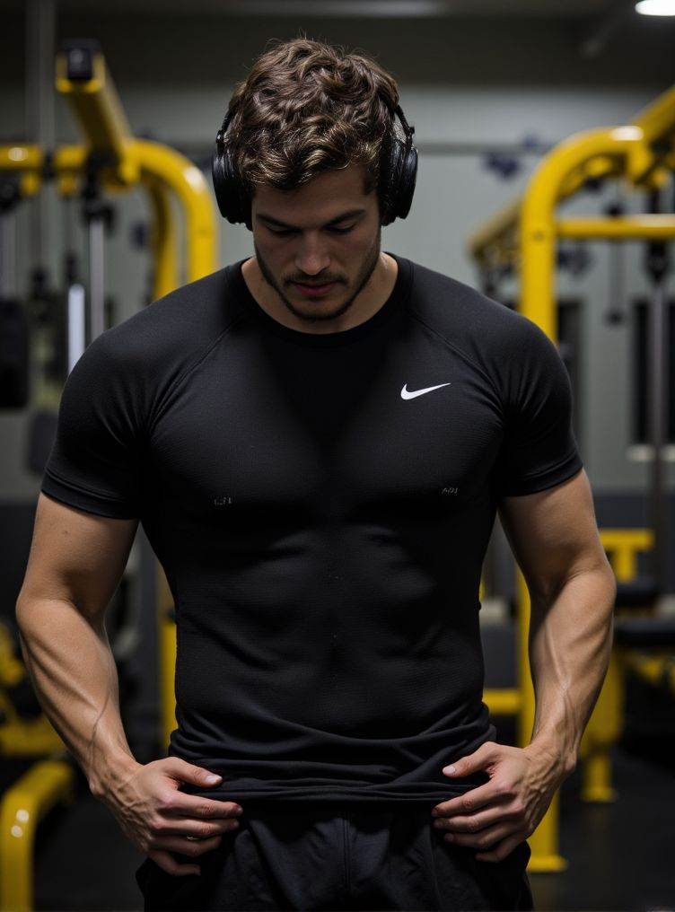 danielsharman ,  A detailed low-angle image. in exceptional quality. He is in a gym with a predominance of black and a lit...